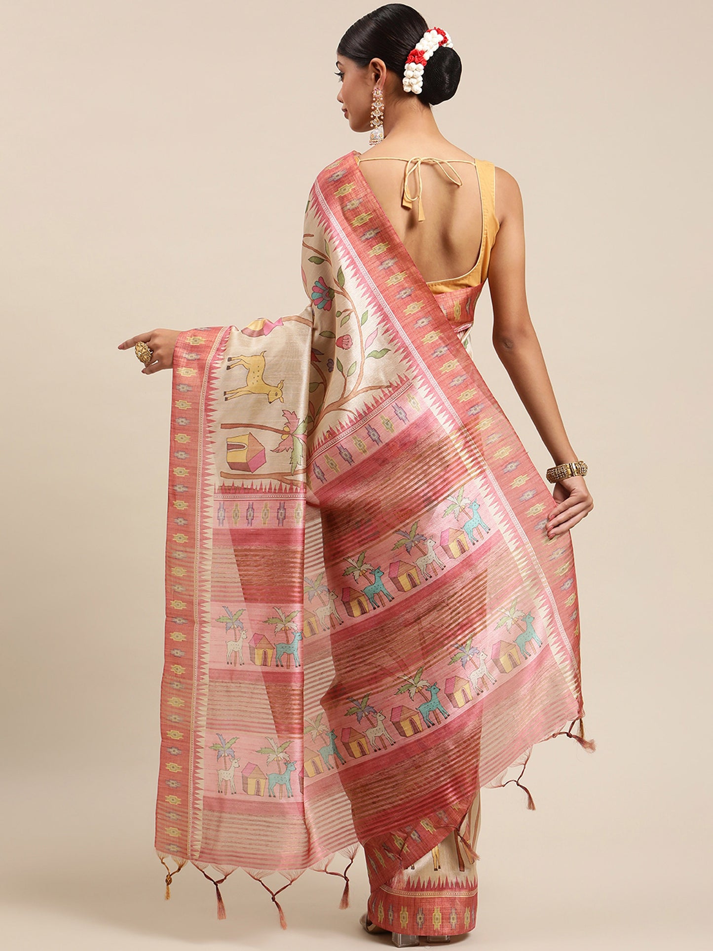 Rani Pink Soft Tussar Silk Printed Kalamkari saree