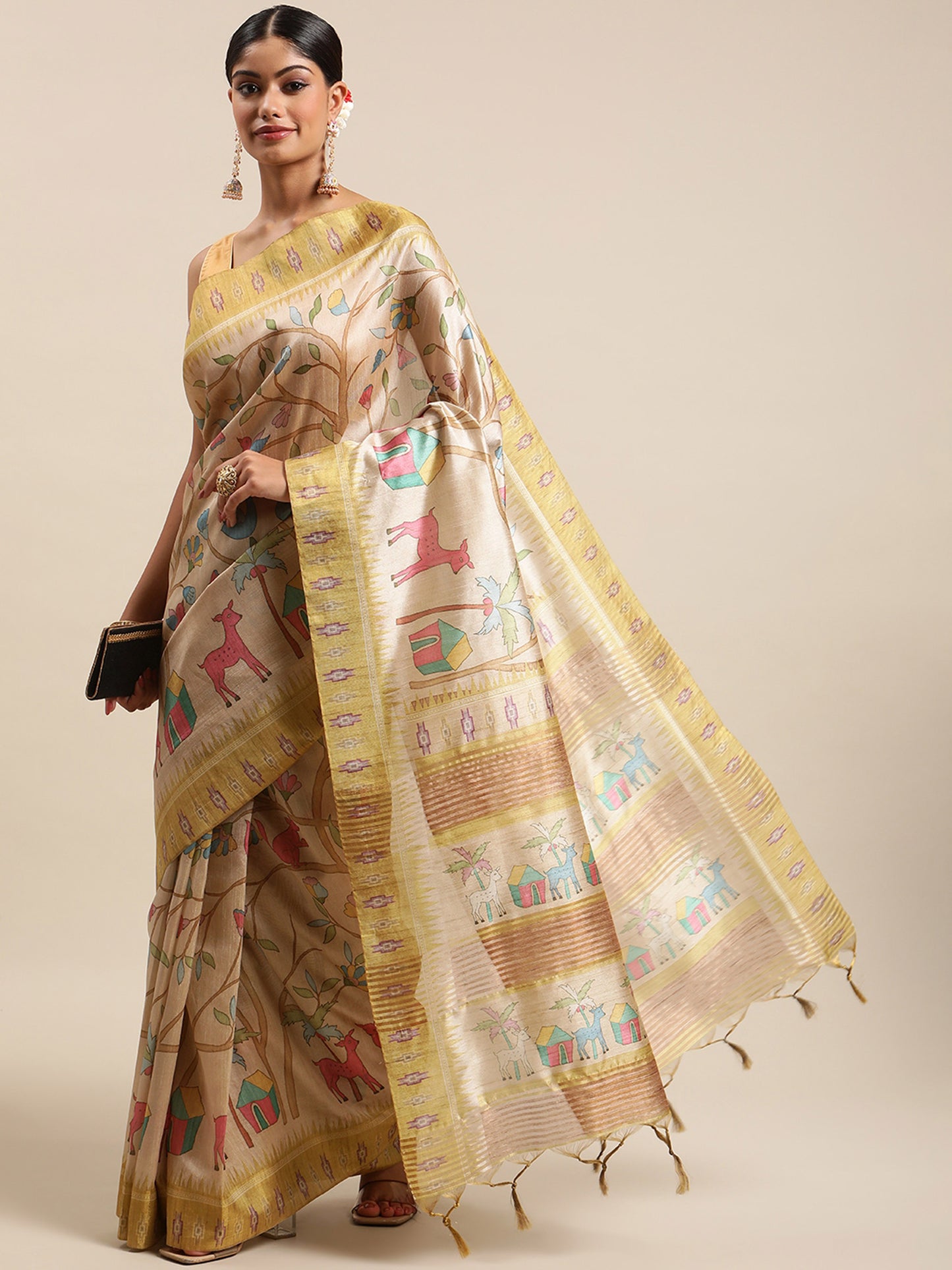 Yellow Soft Tussar Silk Printed Kalamkari saree