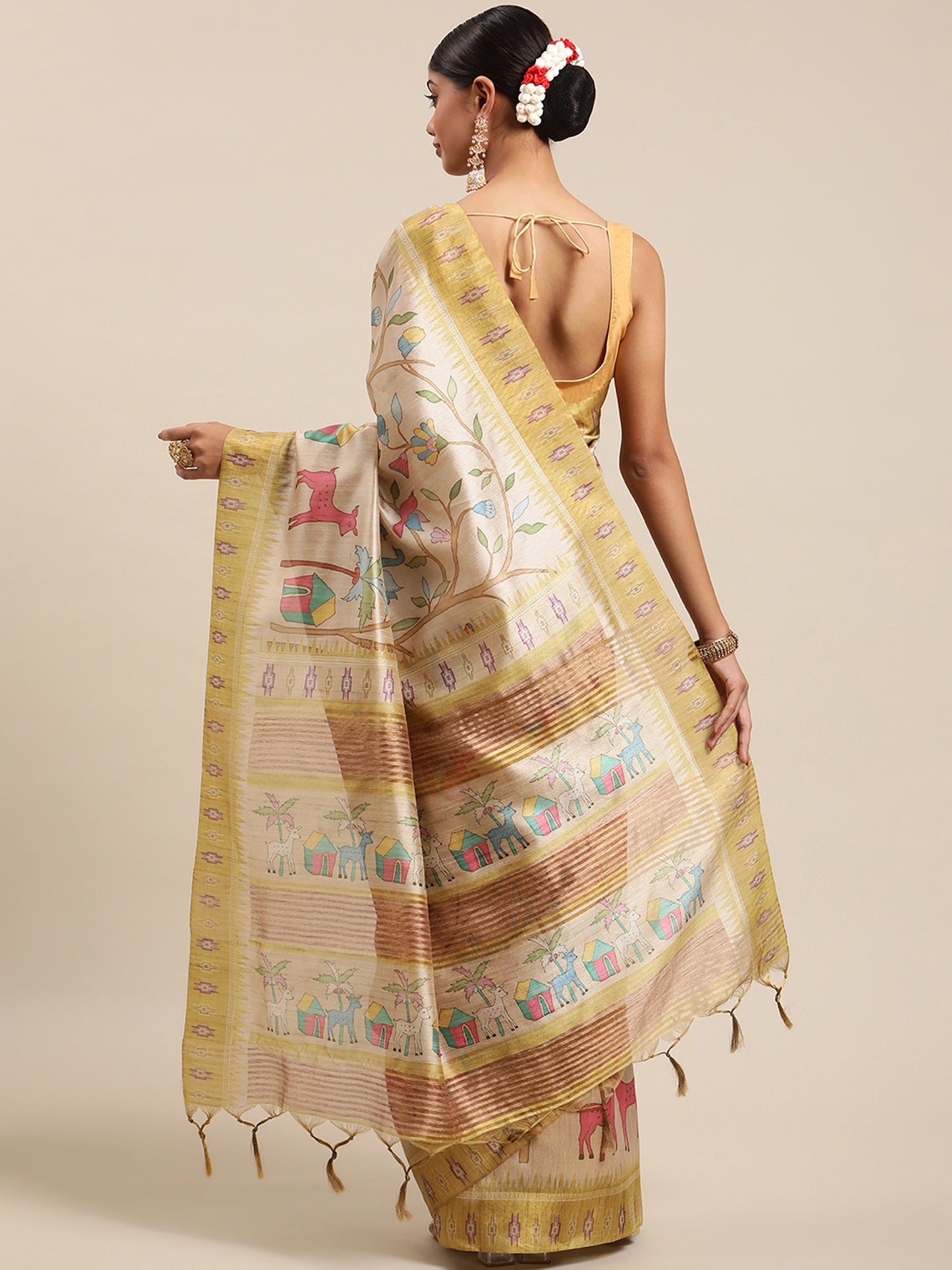 Yellow Soft Tussar Silk Printed Kalamkari saree