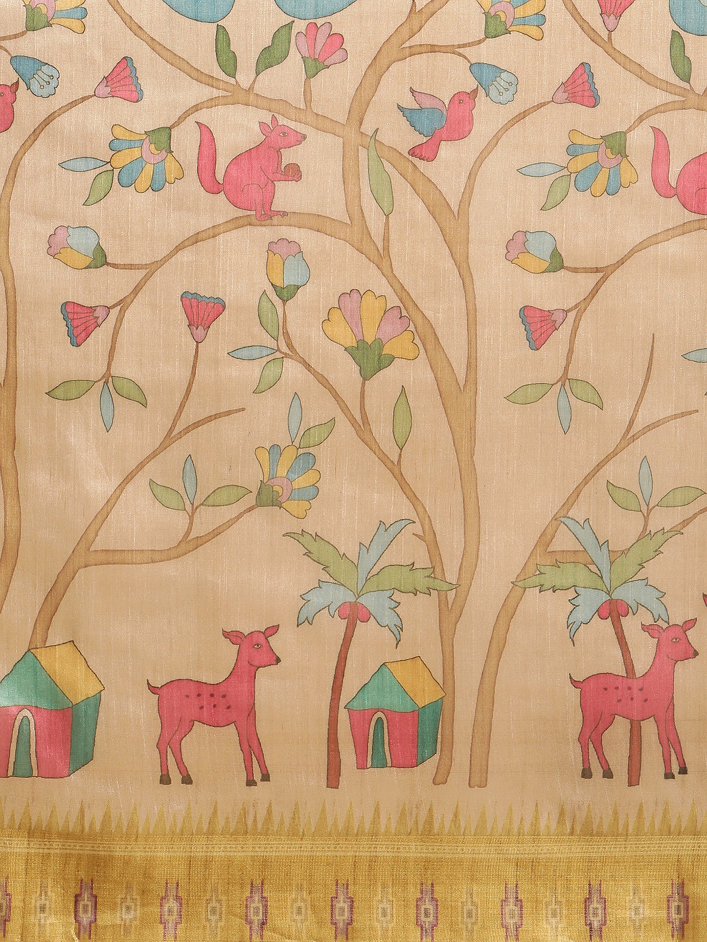 Yellow Soft Tussar Silk Printed Kalamkari saree