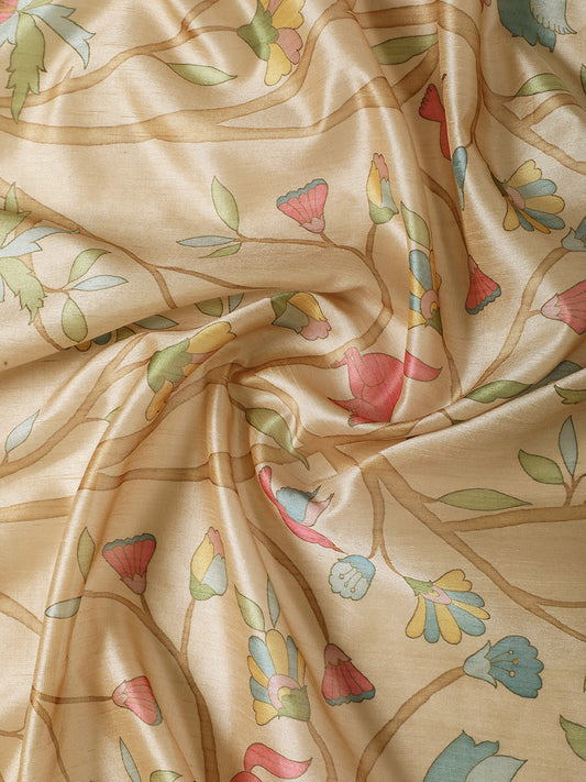 Yellow Soft Tussar Silk Printed Kalamkari saree