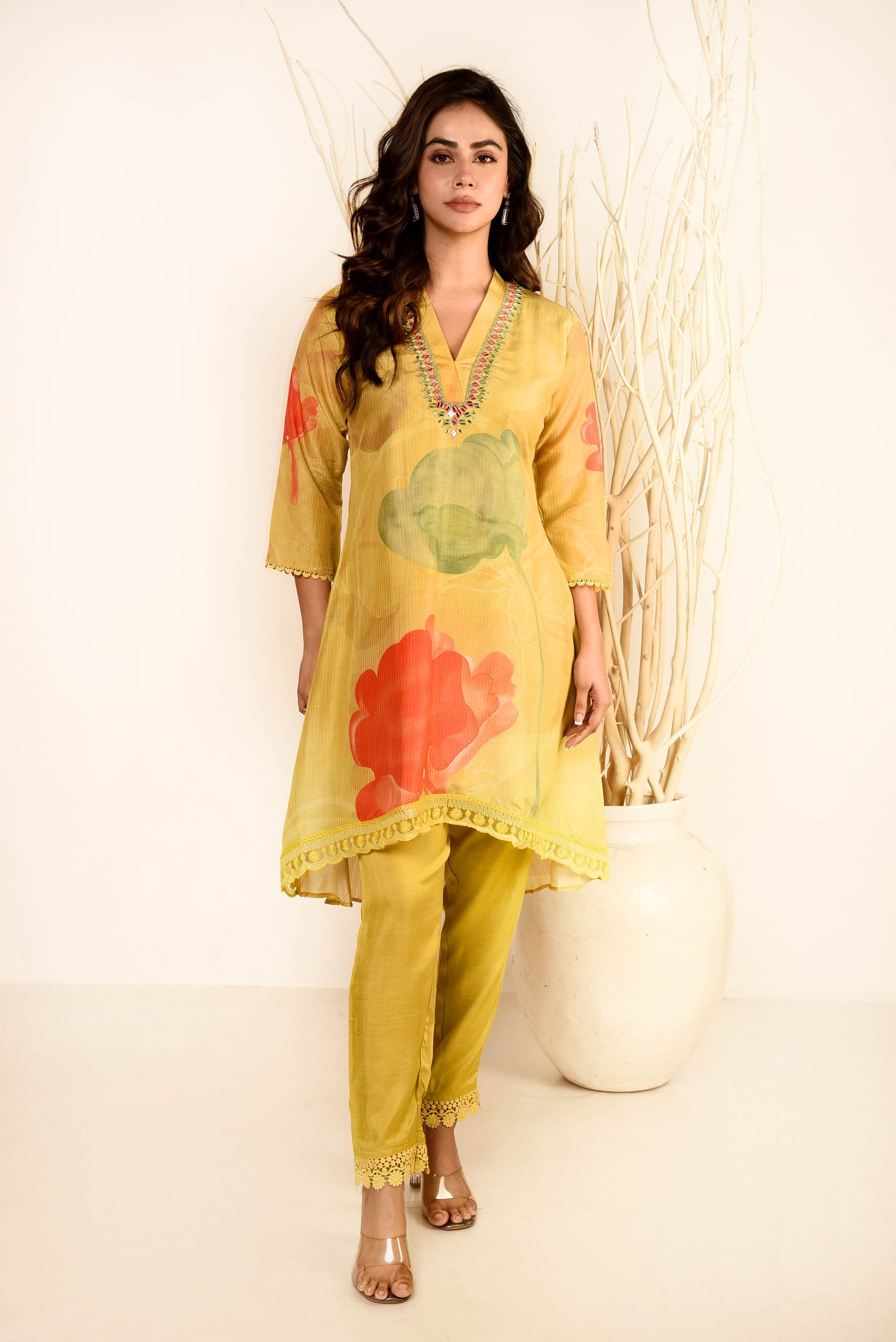 Mustard Yellow Muslin Silk Printed Kurta With Straight Pants