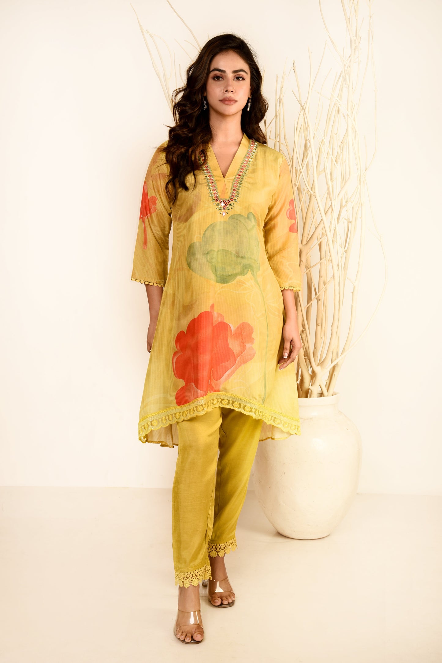 Amber Glow Muslin Silk Printed Co-ord set with Embroidery & Lace