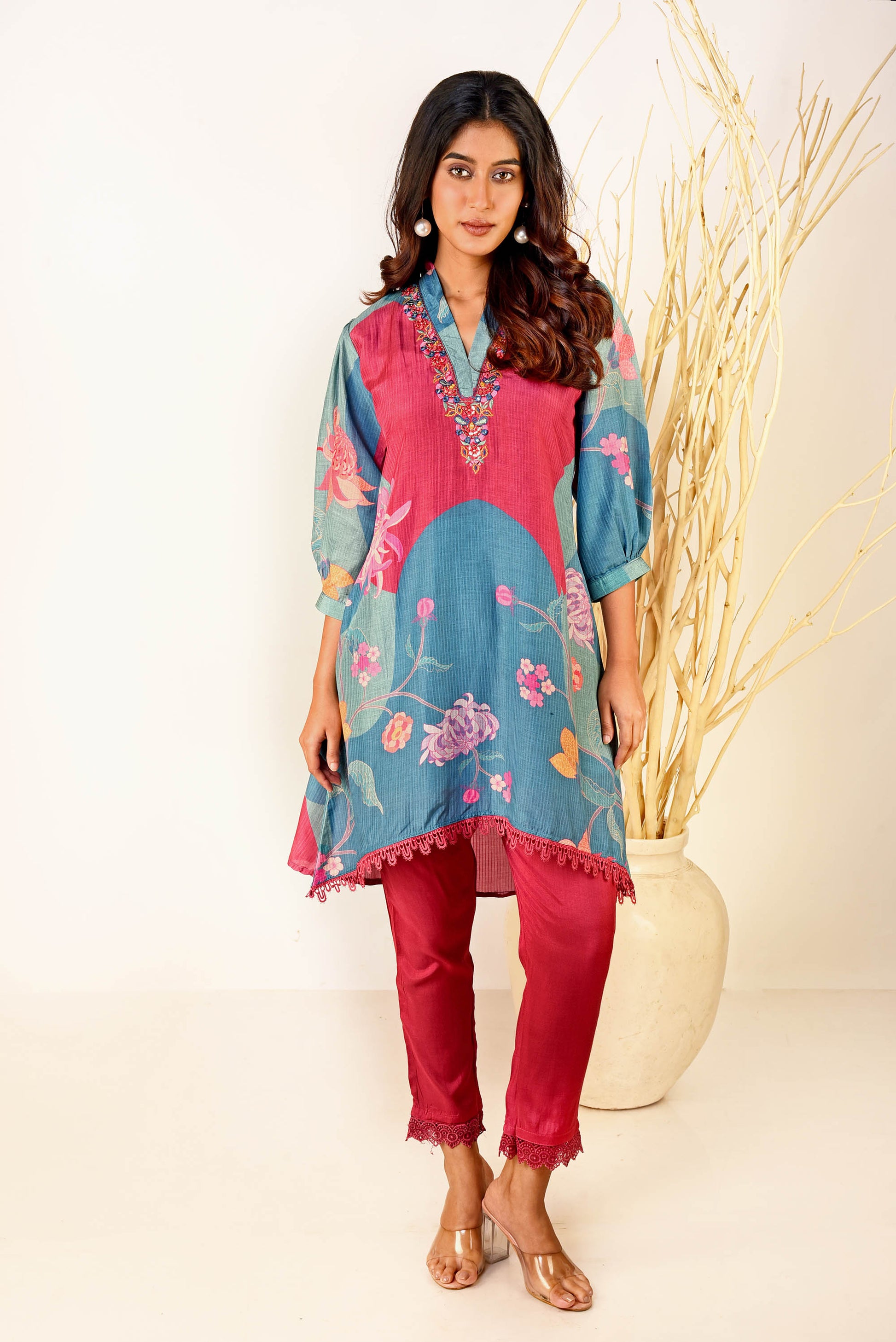 Blue & Pink Muslin Silk Printed Kurta With Straight Pants