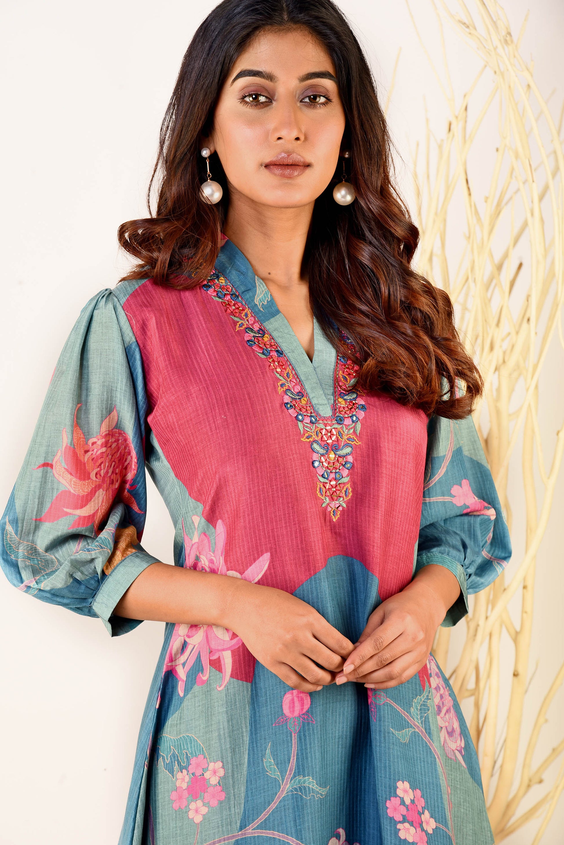 Blue & Pink Muslin Silk Printed Kurta With Straight Pants