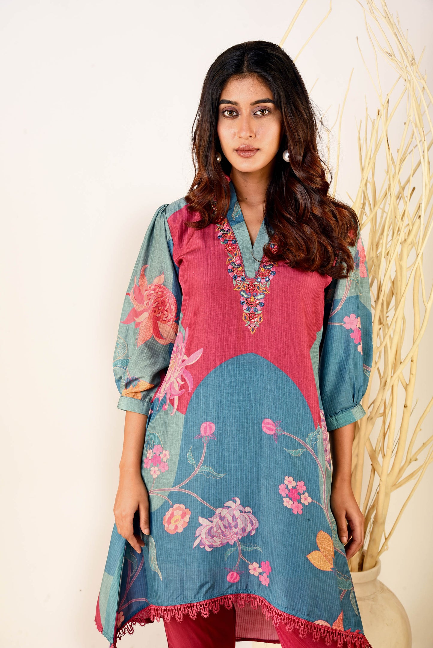 Blue & Pink Muslin Silk Printed Kurta With Straight Pants