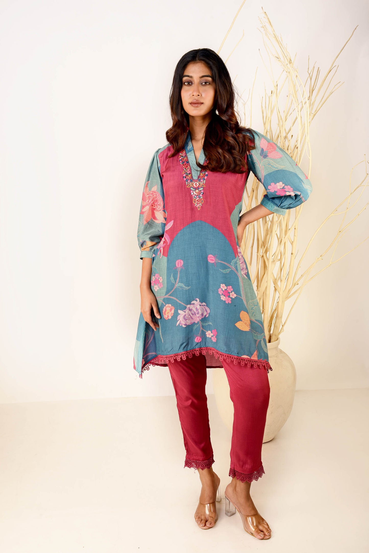 Blue & Pink Muslin Silk Printed Kurta With Straight Pants