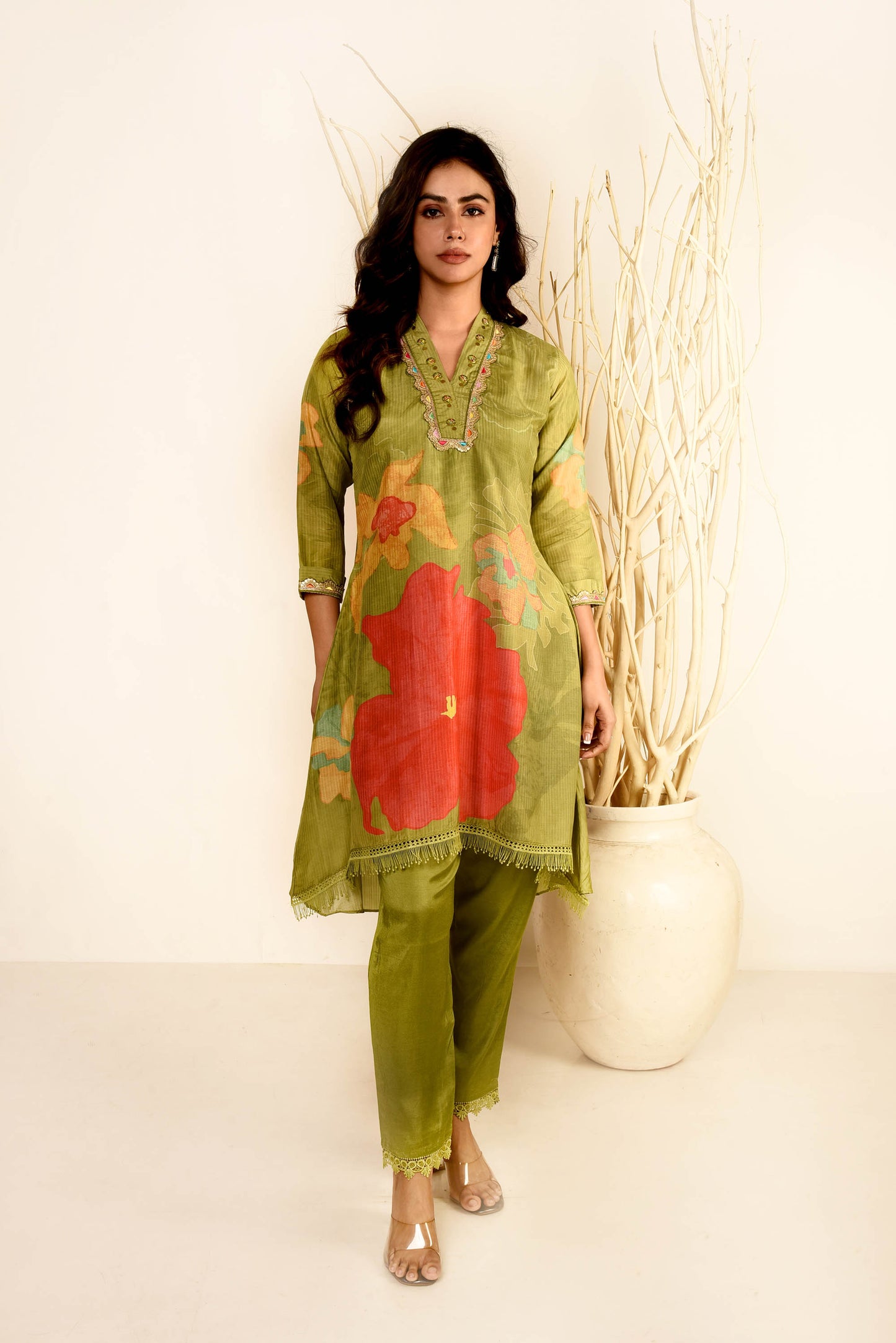 Light Green Muslin Silk Printed Kurta With Straight Pants