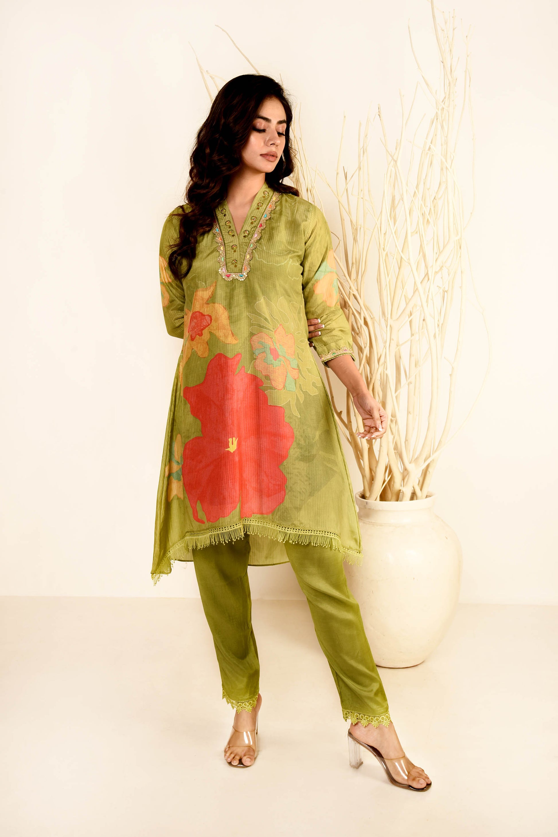 Light Green Muslin Silk Printed Kurta With Straight Pants