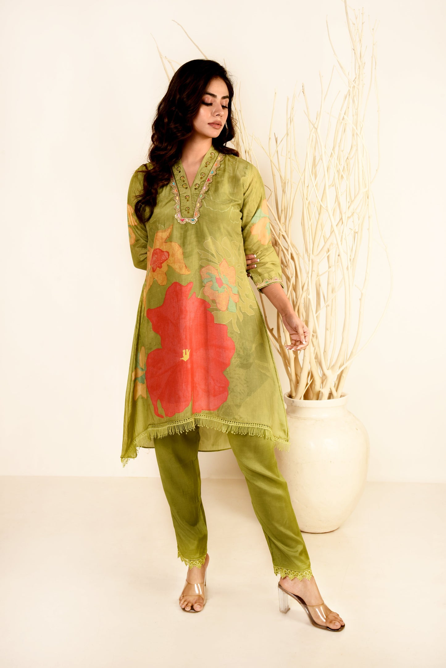 Green Bloom Muslin Silk Printed Co-ord set with Embroidery & Lace