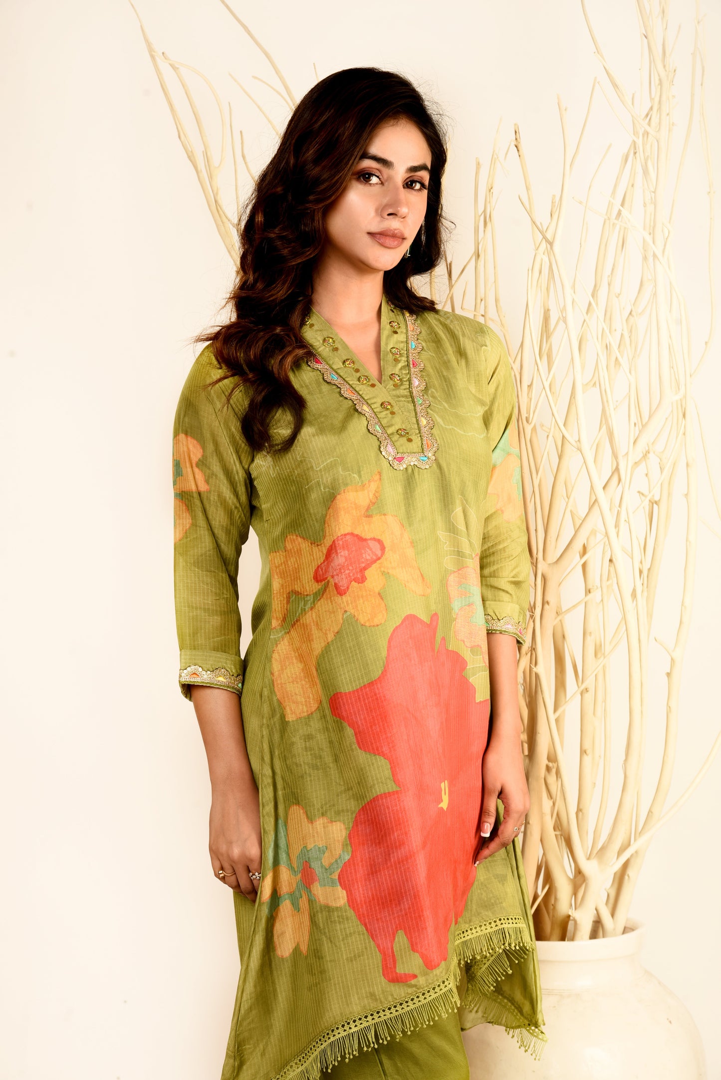 Green Bloom Muslin Silk Printed Co-ord set with Embroidery & Lace