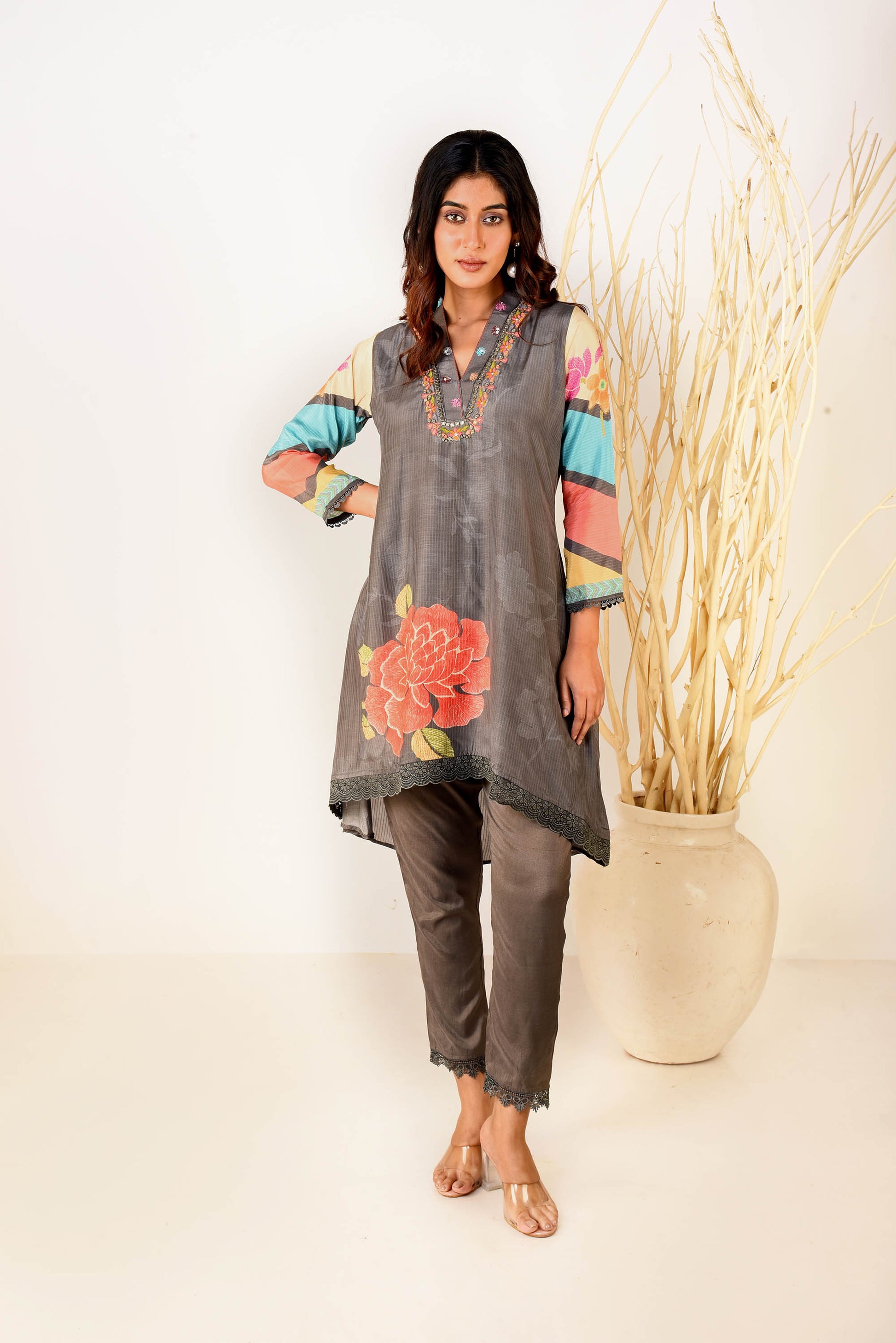 Dark Grey Muslin Silk Printed Kurta With Straight Pants