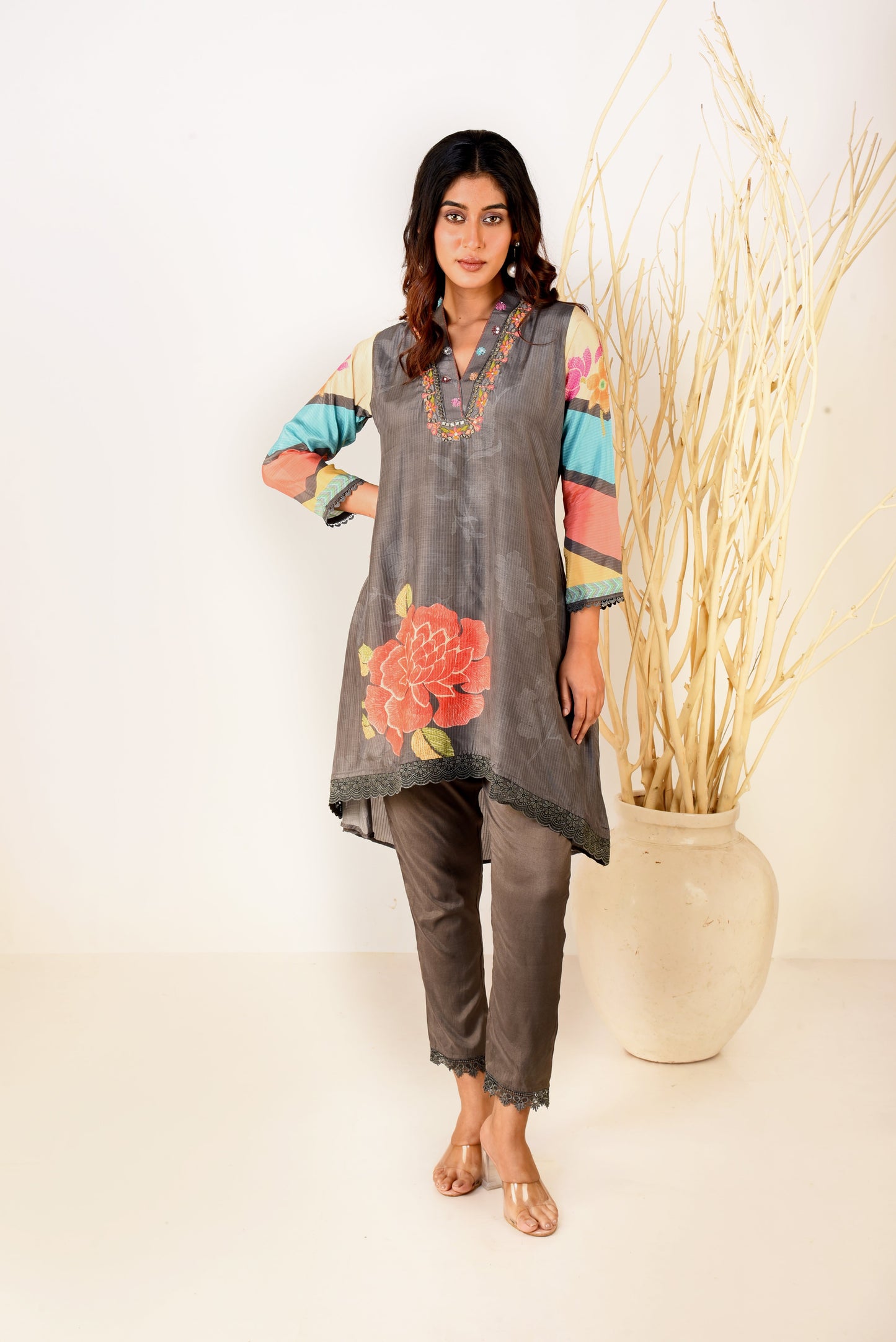 Grey Blossom Muslin Silk Printed Co-ord set with Embroidery & Lace