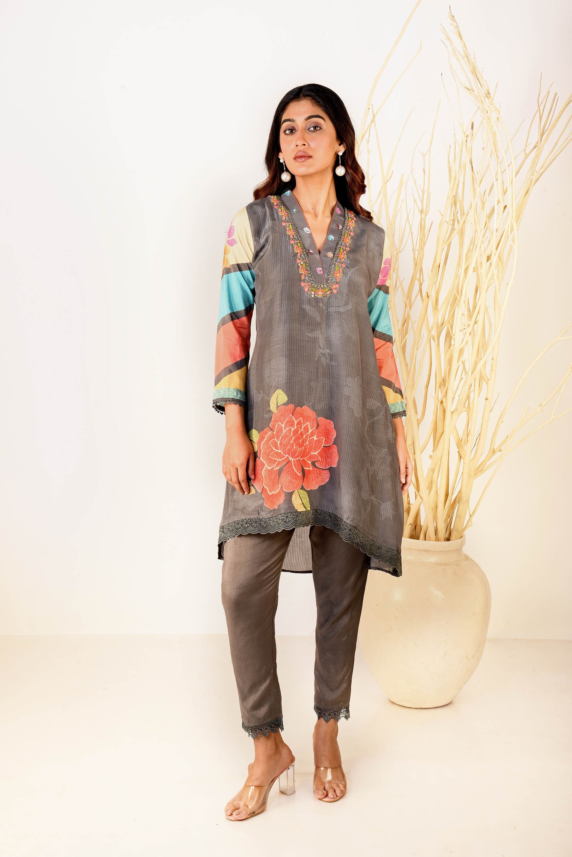 Dark Grey Muslin Silk Printed Kurta With Straight Pants