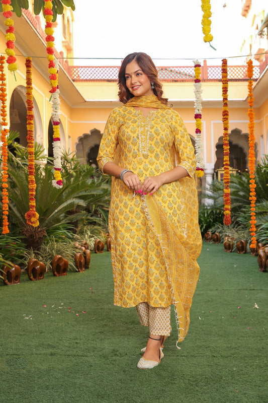 Jiya Women Yellow Printed Viscose Rayon Kurta, Pant And Dupatta Set