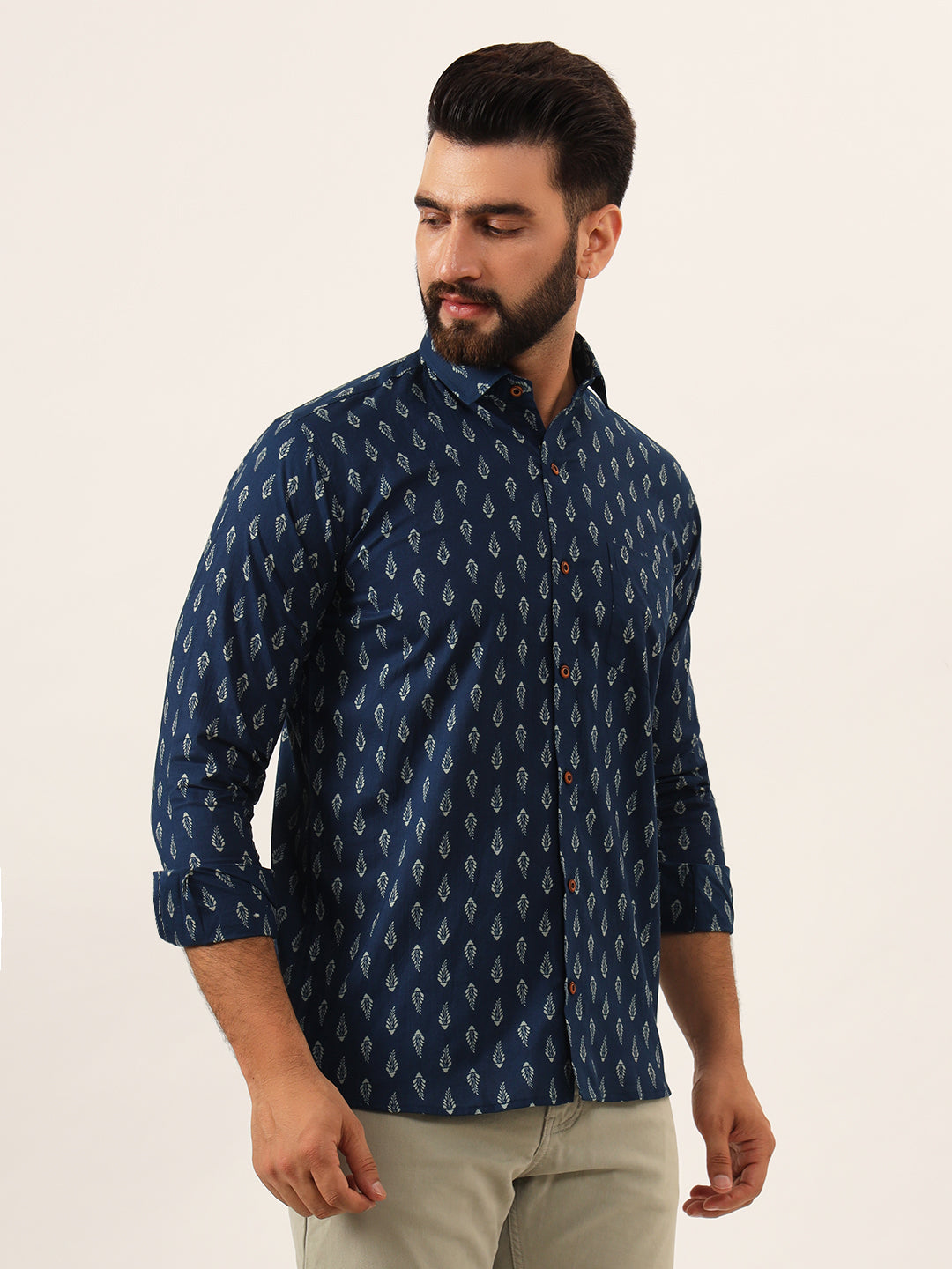 MILLENNIAL MEN Indigo blue Floral Print Pure Cotton Regular Fit Casual Shirt