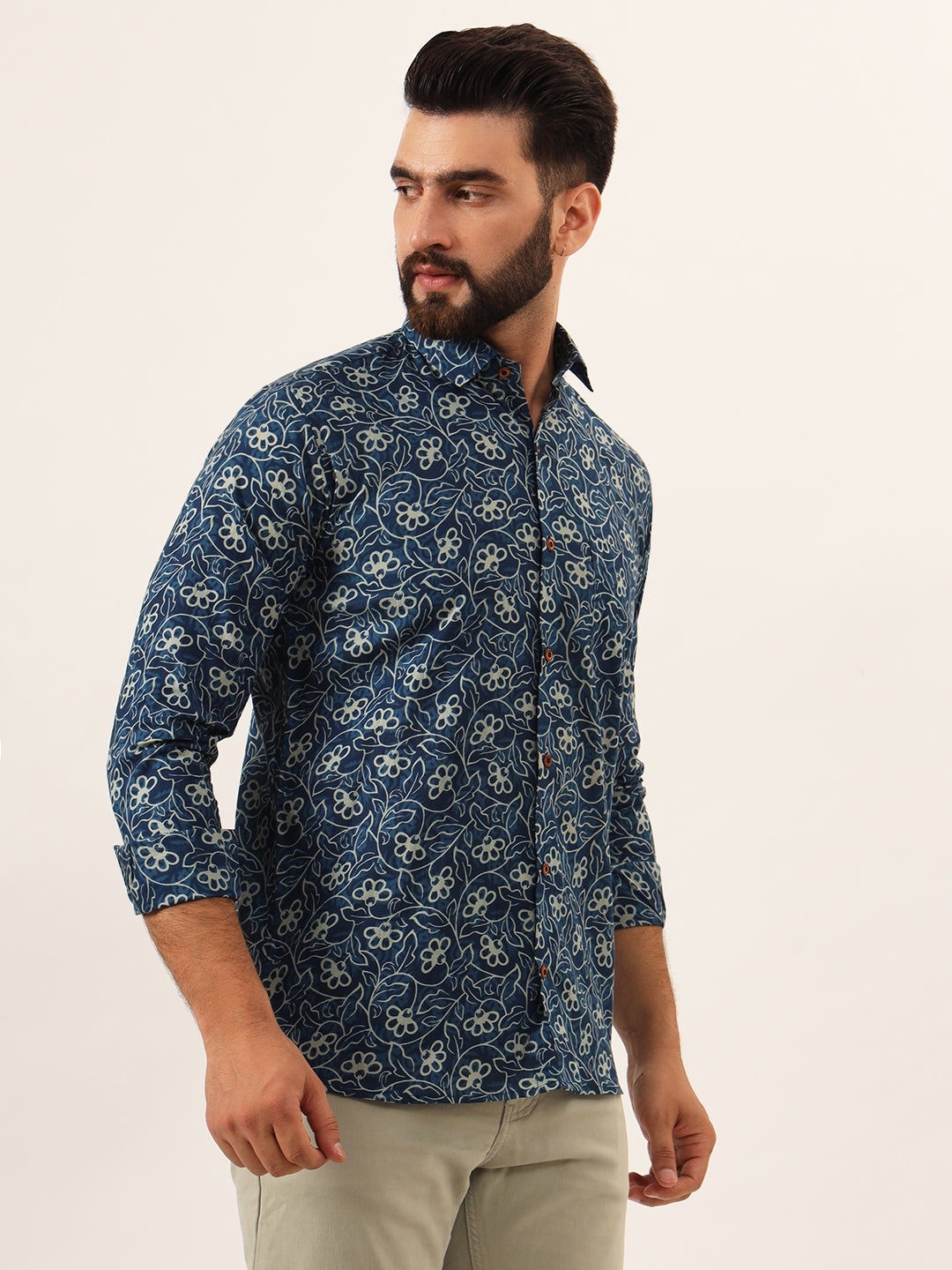 MILLENNIAL MEN Blue Floral Print Pure Cotton Regular Fit Casual Full Sleeve