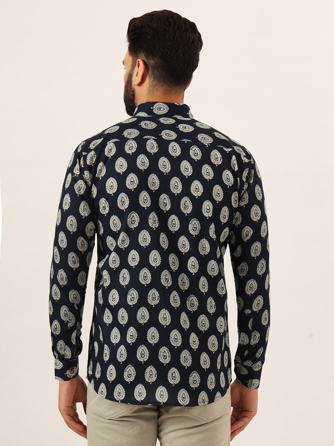 MILLENNIAL MEN Navy Blue Printed Pure Cotton Regular Fit Casual Full Sleeve