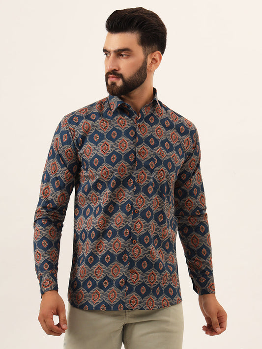 MILLENNIAL MEN Blue Printed Pure Cotton Regular Fit Casual Full Sleeve