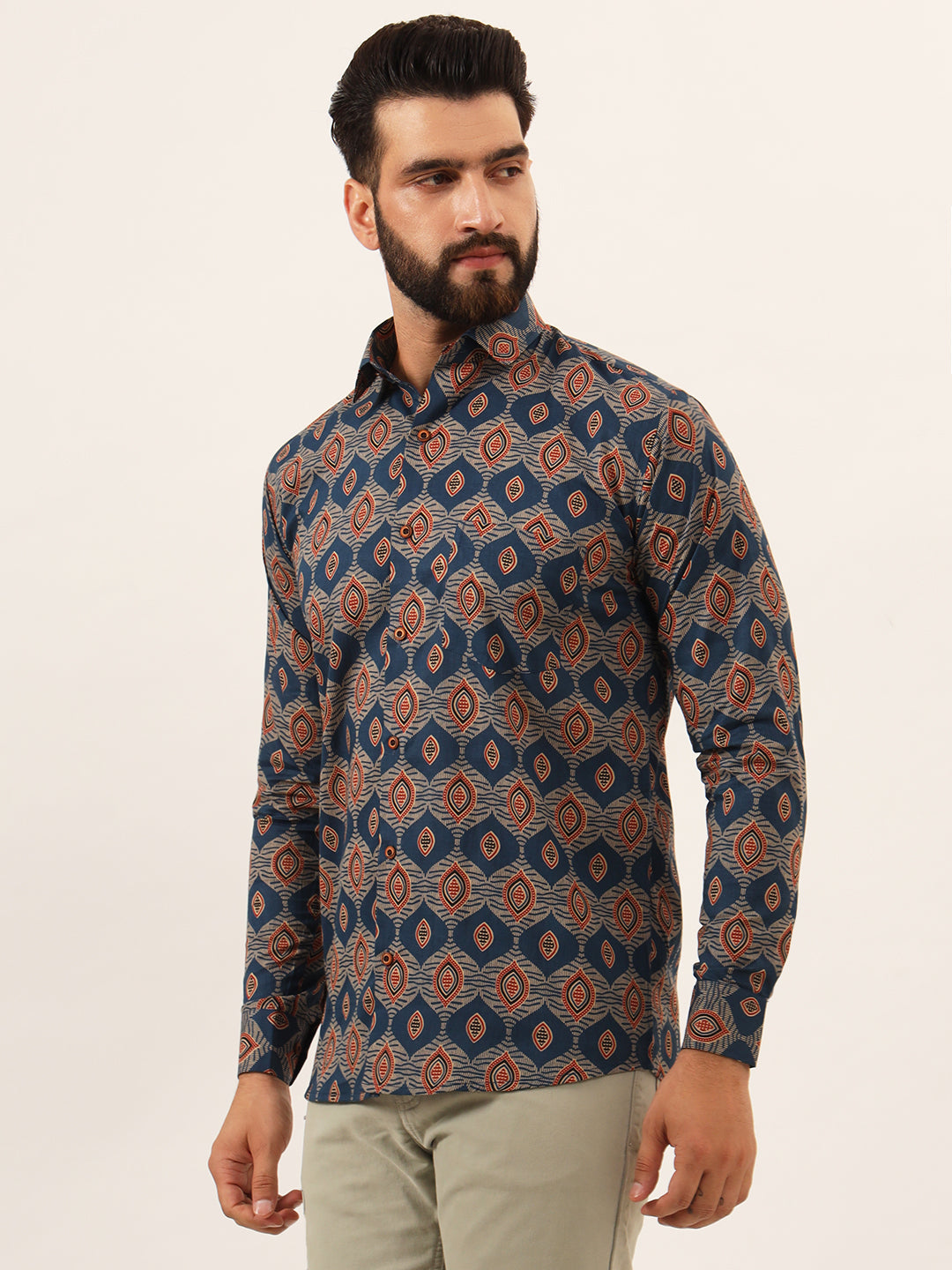 MILLENNIAL MEN Blue Printed Pure Cotton Regular Fit Casual Full Sleeve