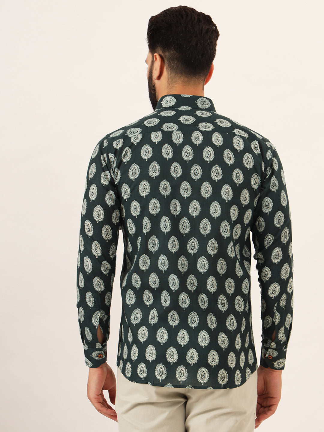 MILLENNIAL MEN Dark Green Printed Pure Cotton Regular Fit Casual Full Sleeve