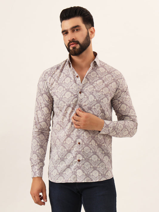 MILLENNIAL MEN Lavender Geometric Pure Cotton Regular Fit Casual Shirt