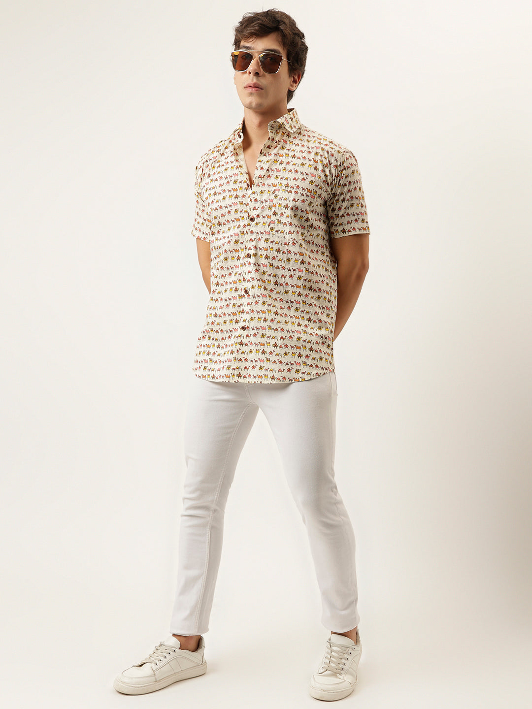 Millennial Men Cream Printed Cotton Half Sleeve Shirts