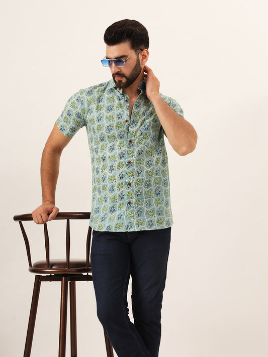 MILLENNIAL MEN Green Floral Print Pure Cotton Regular Fit Casual Half Sleeve