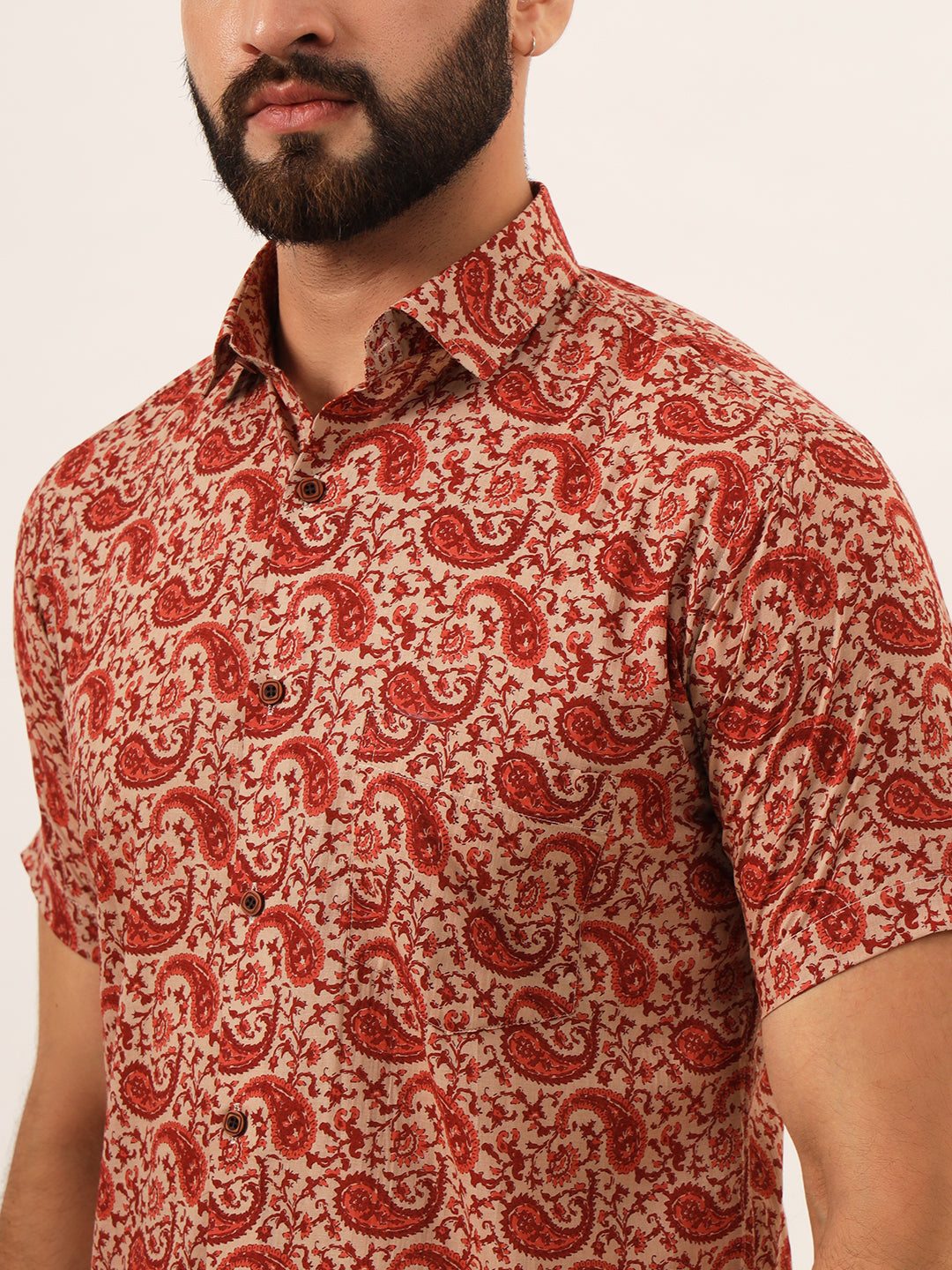 MILLENNIAL MEN Maroon Paisley Print Pure Cotton Regular Fit Casual Half Sleeve