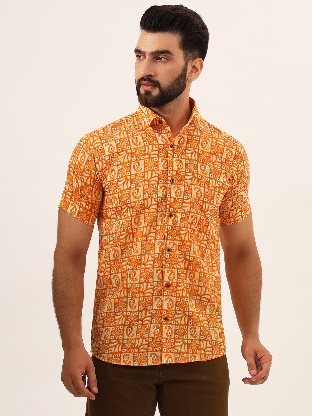 MILLENNIAL MEN Orange Paisley Print Pure Cotton Regular Fit Casual Shirt