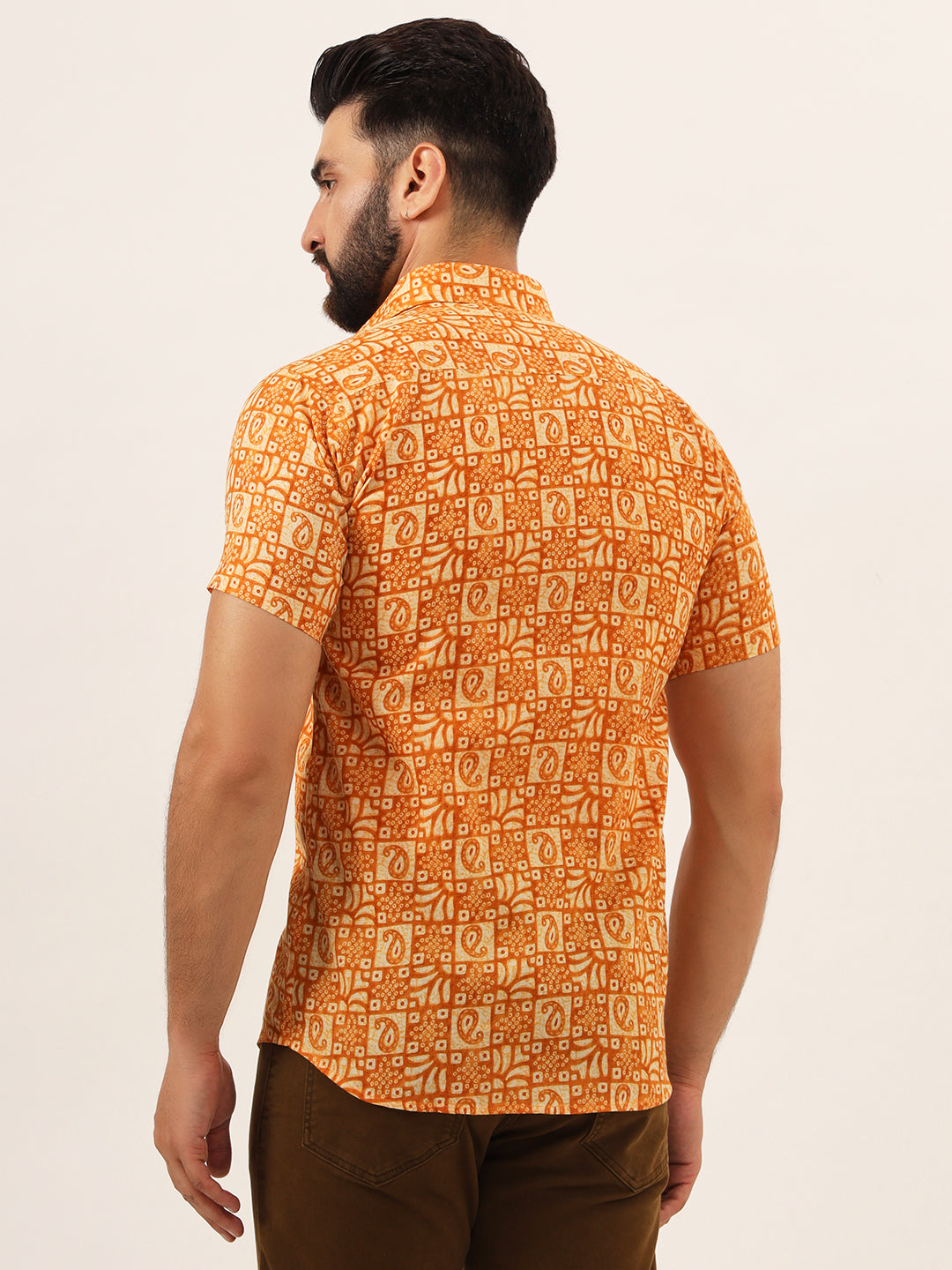 MILLENNIAL MEN Orange Paisley Print Pure Cotton Regular Fit Casual Half Sleeve