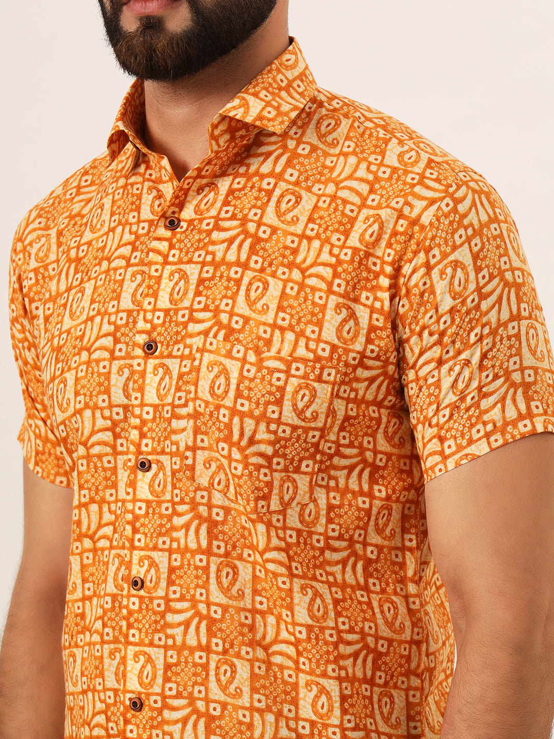 MILLENNIAL MEN Orange Paisley Print Pure Cotton Regular Fit Casual Shirt