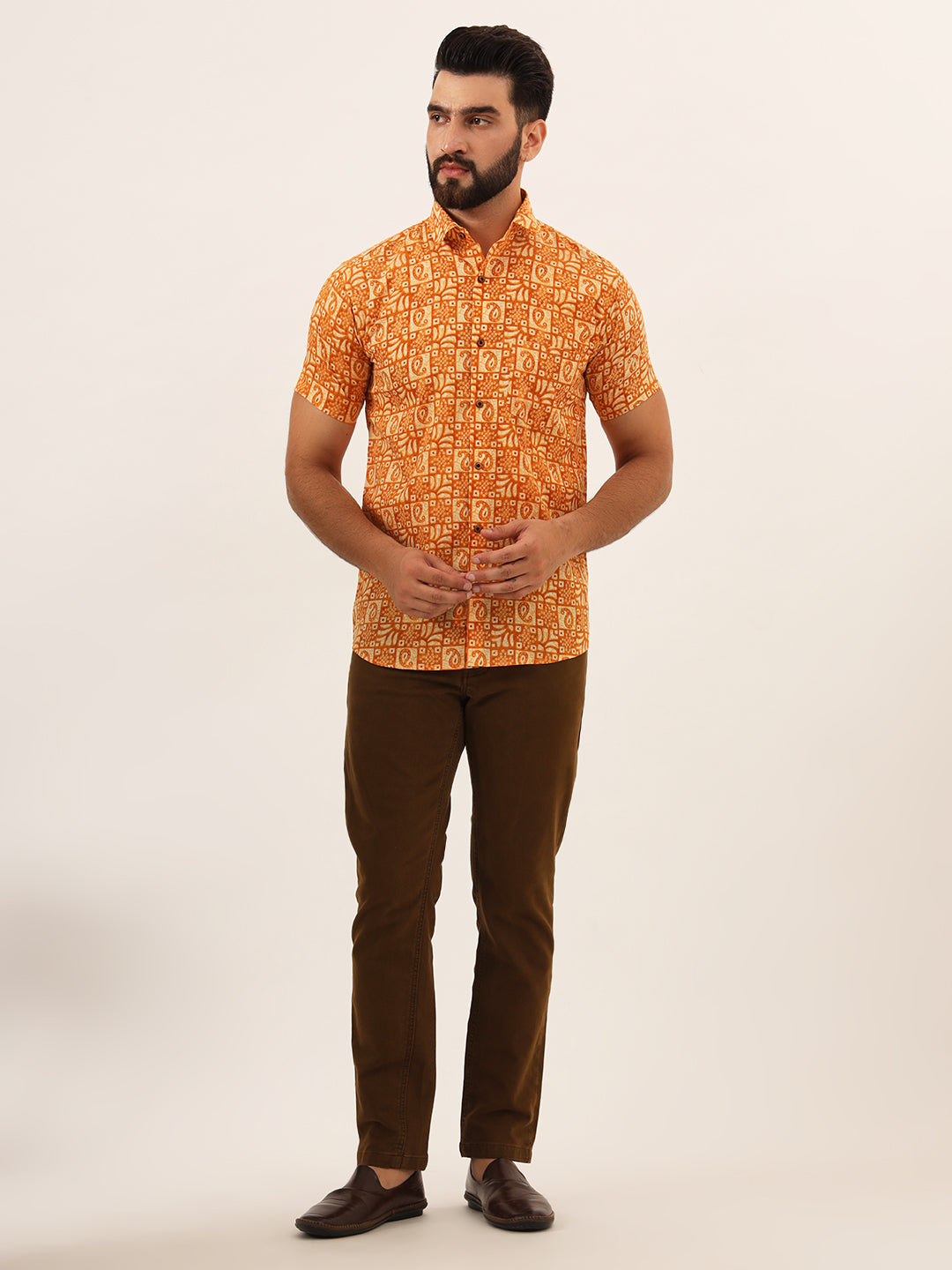 MILLENNIAL MEN Orange Paisley Print Pure Cotton Regular Fit Casual Shirt