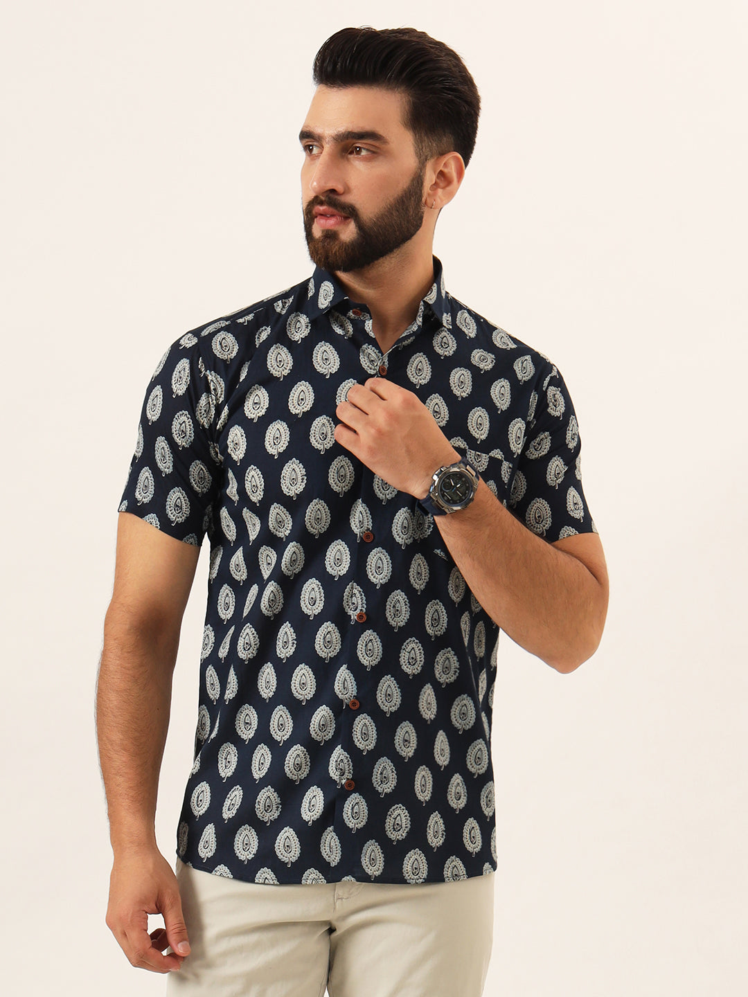 MILLENNIAL MEN Navy Blue Floral Print Pure Cotton Regular Fit Casual Shirt