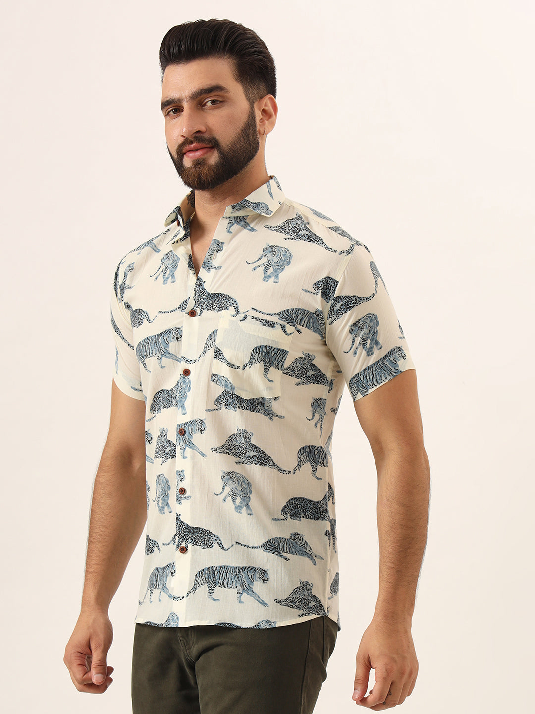 White blue Tiger Print Pure Cotton Regular Fit Casual Half Sleeve Shirt