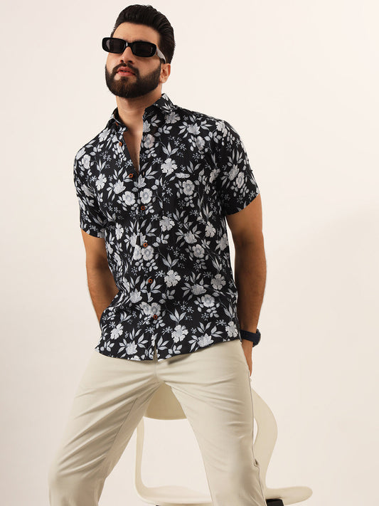 MILLENNIAL MEN Black Floral Print Pure Cotton Regular Fit Casual Half Sleeve