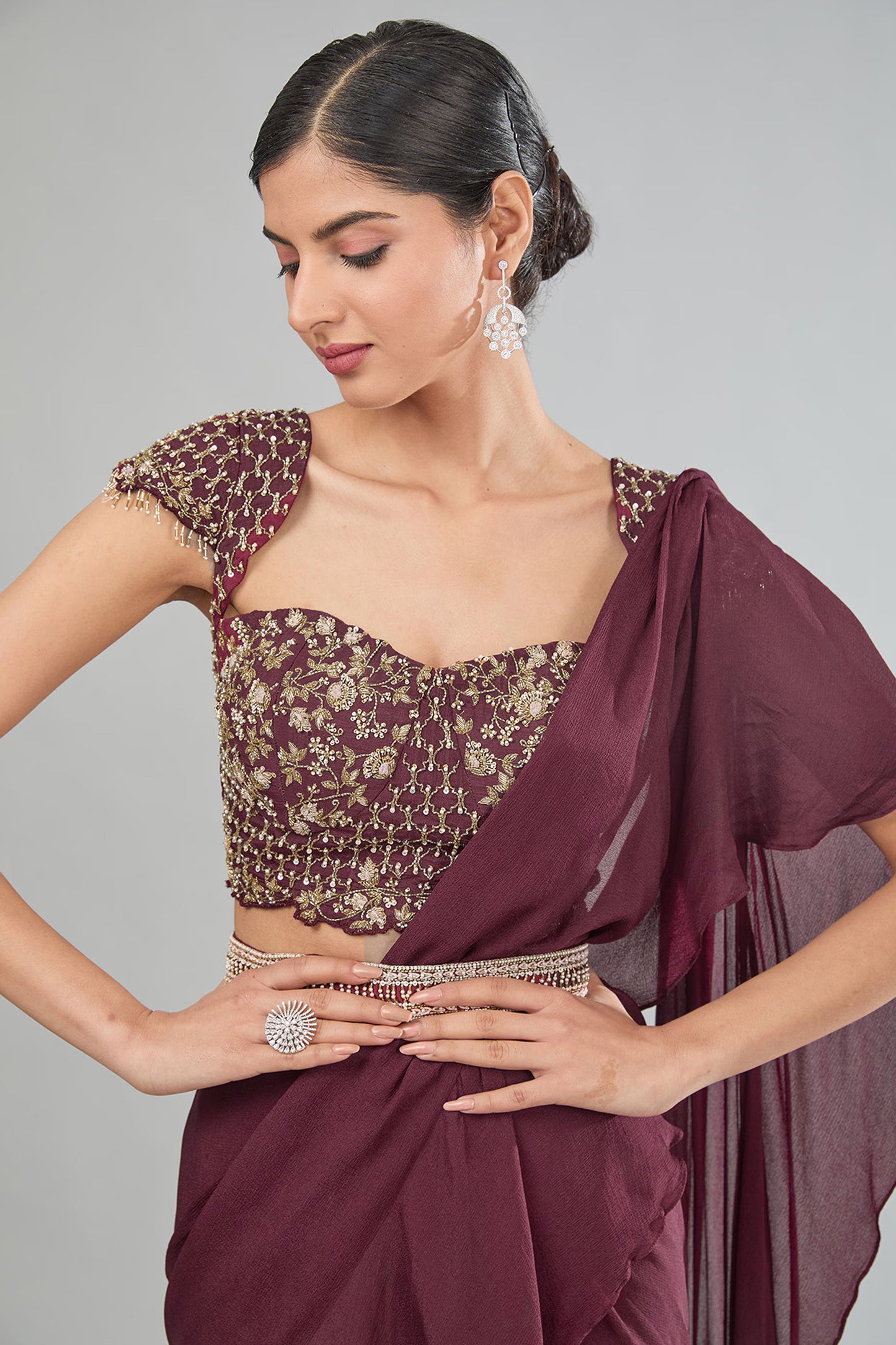 Maroon Chinnon Zardosi Ruffled pre drape saree