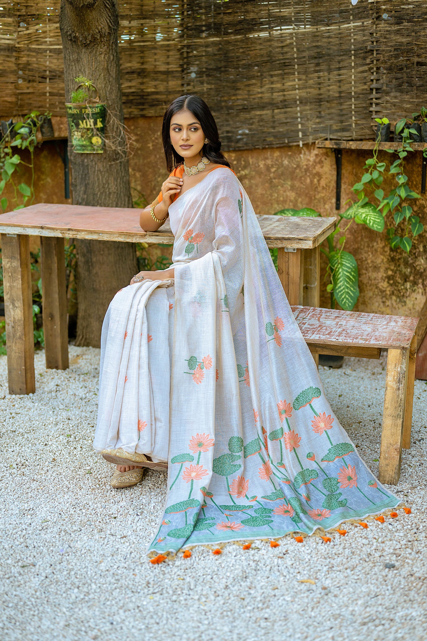 Orange Muga Cotton Pichwai Thread woven Saree