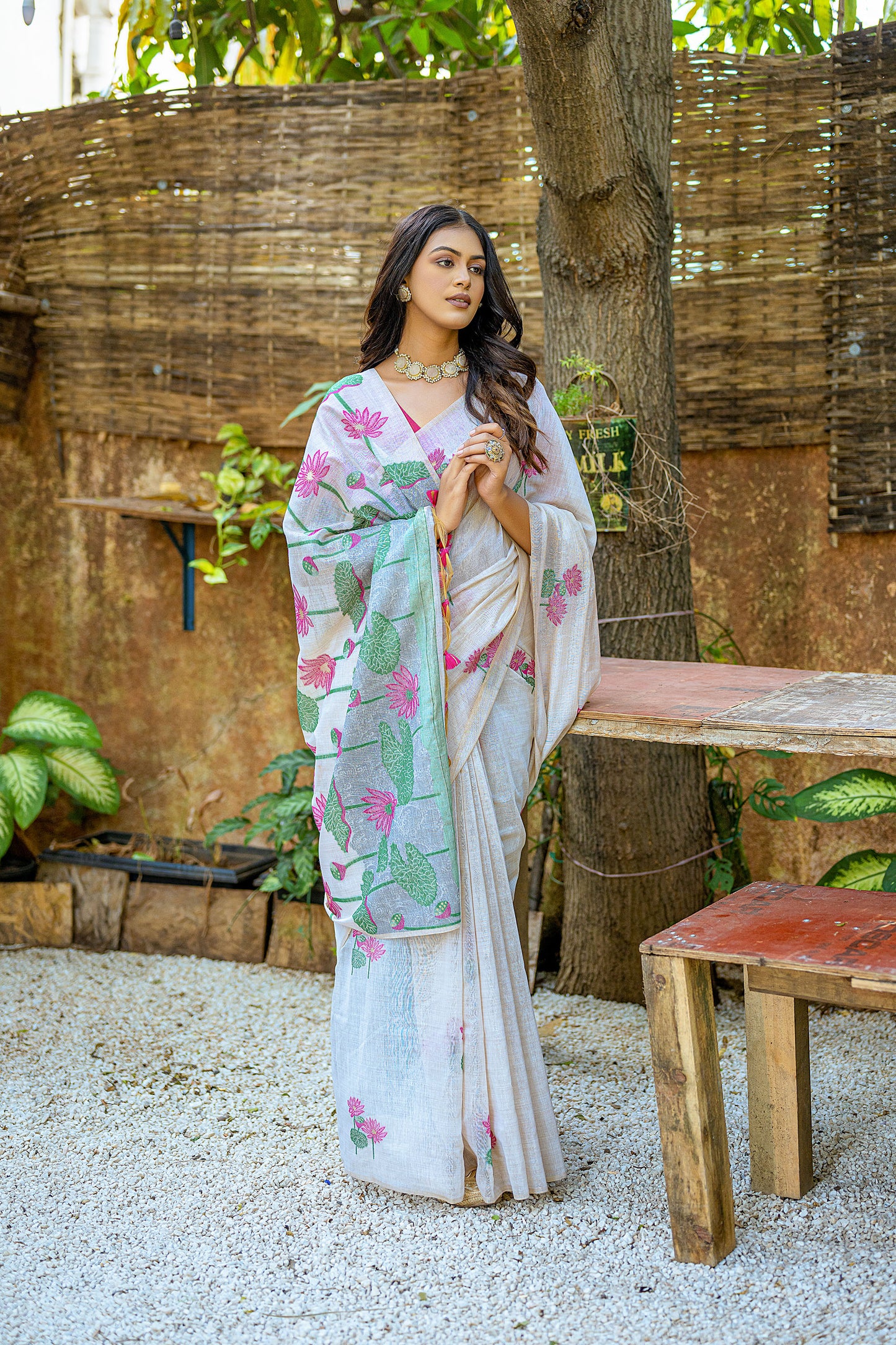 Pink Muga Cotton Pichwai Thread woven Saree