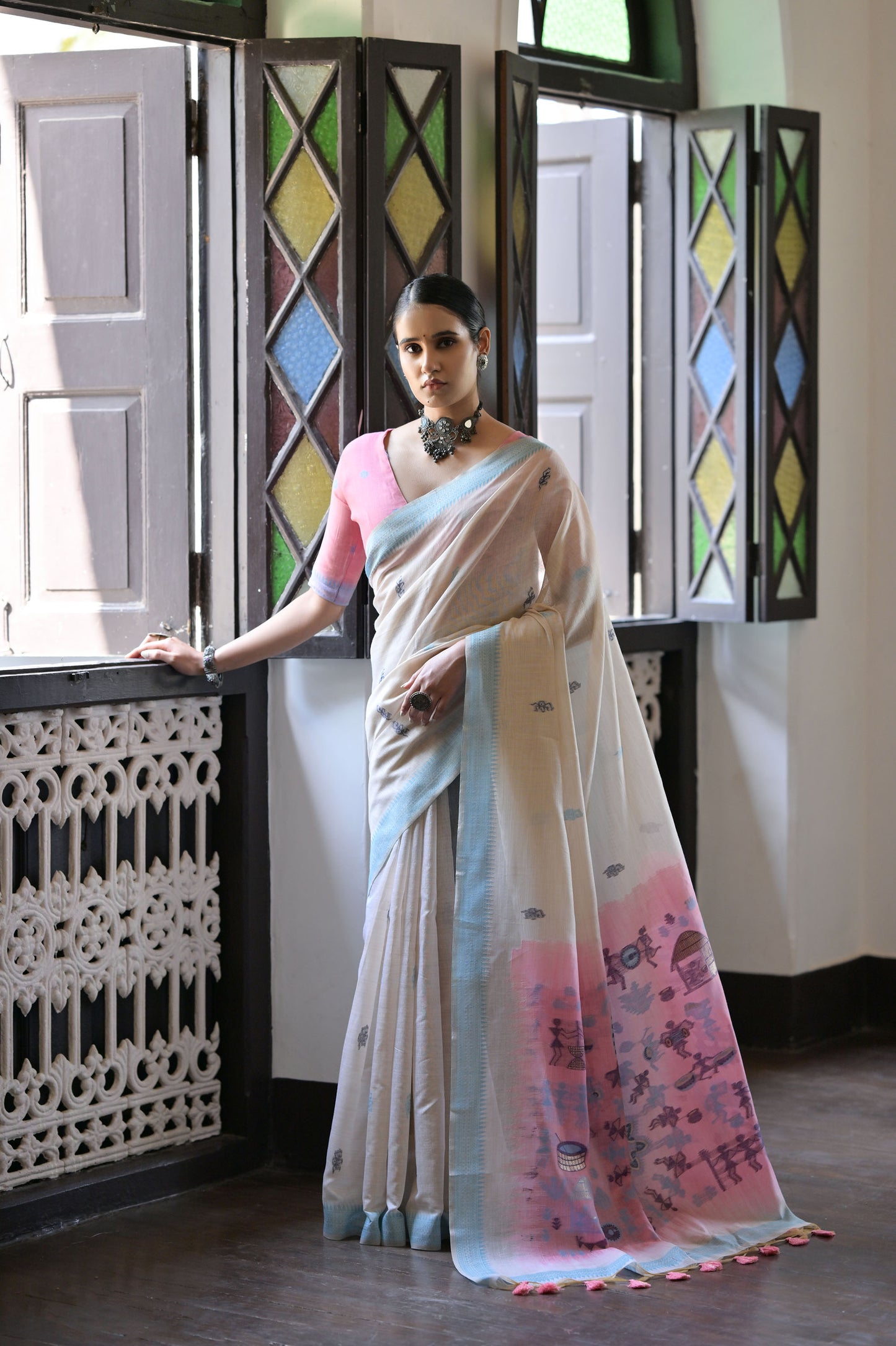 Firozi Muga Cotton Warli woven Saree