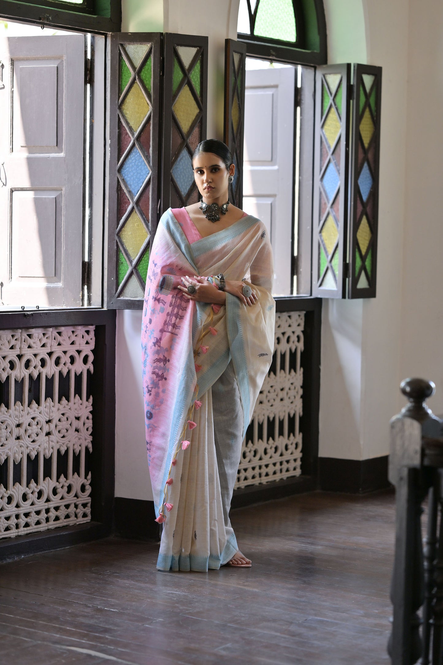 Firozi Muga Cotton Warli woven Saree