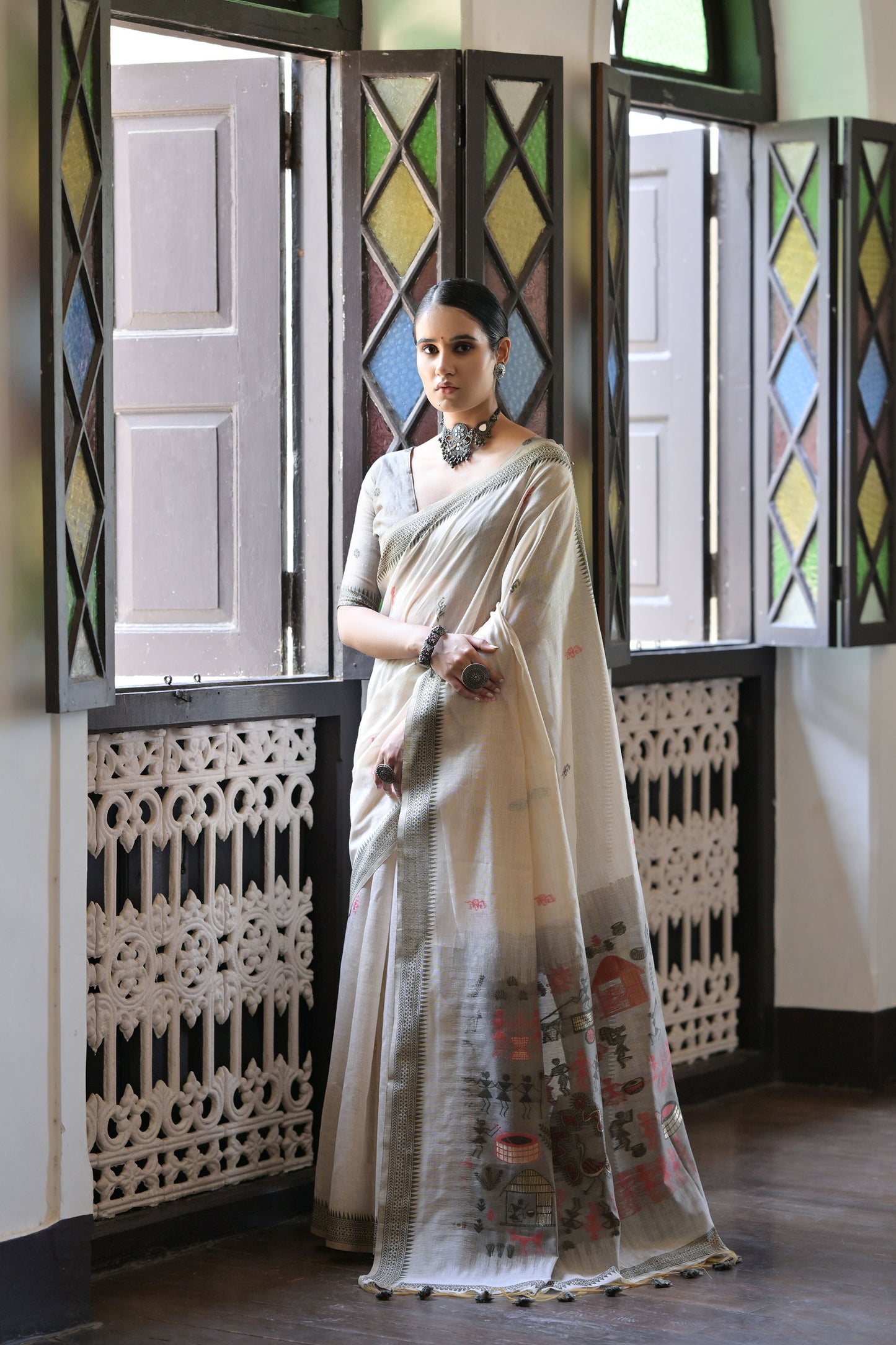 Grey Cotton Warli woven Saree