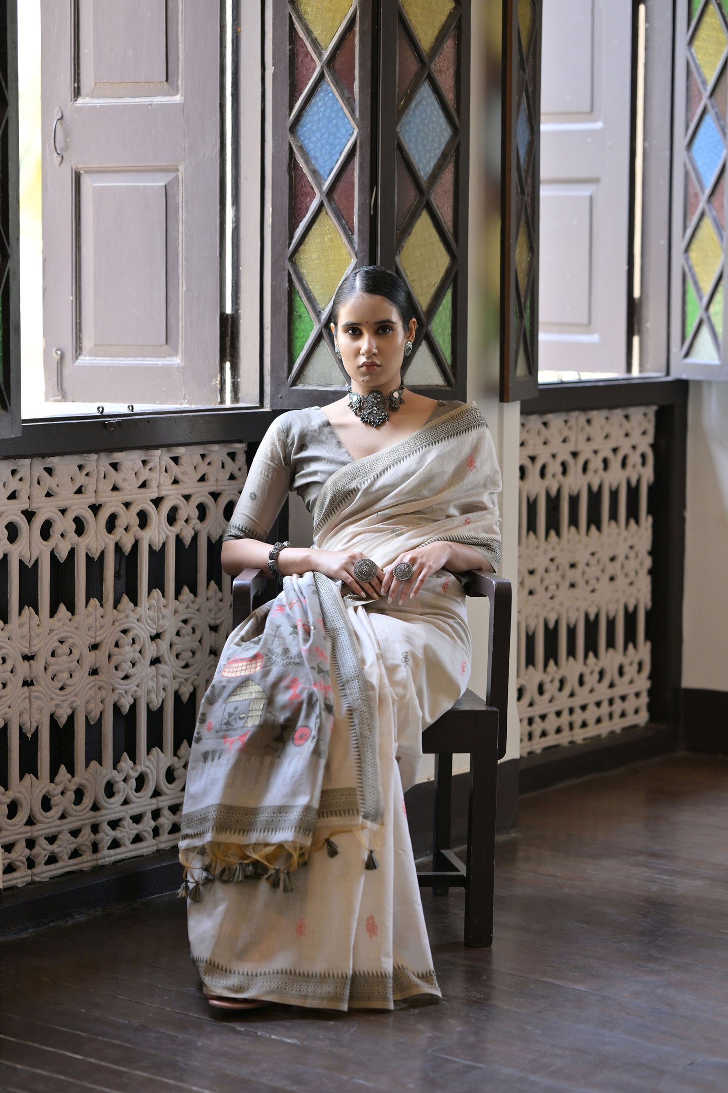 Grey Cotton Warli woven Saree