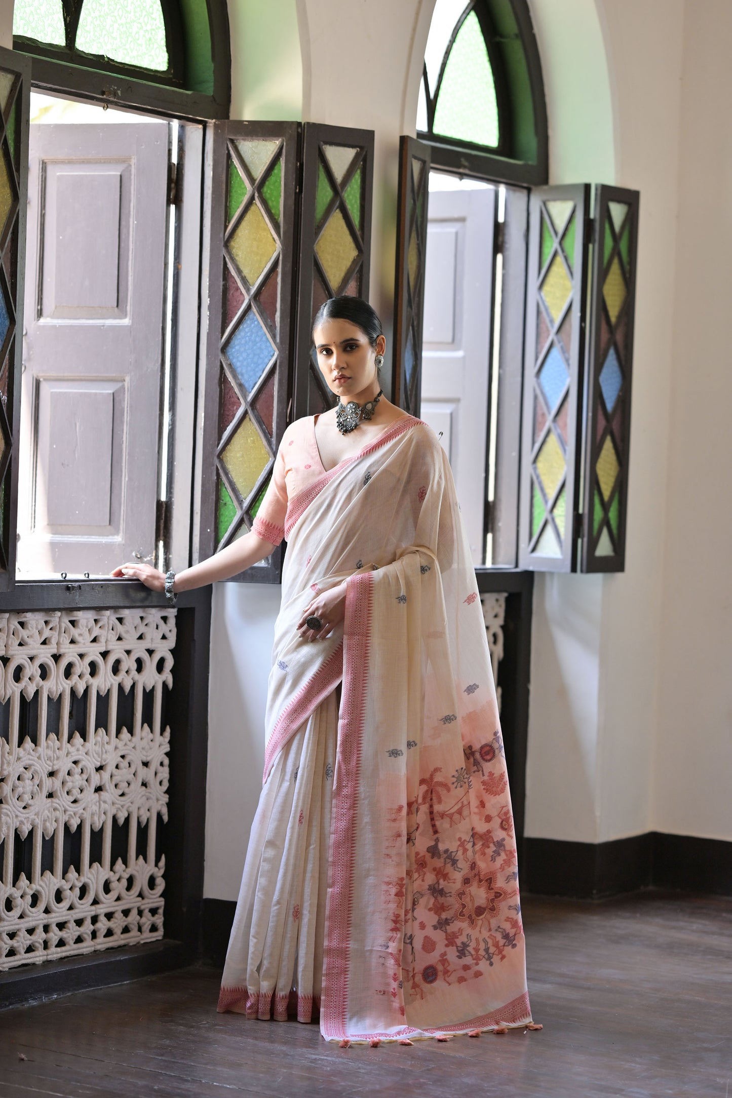 Maroon Muga Cotton Warli woven Saree