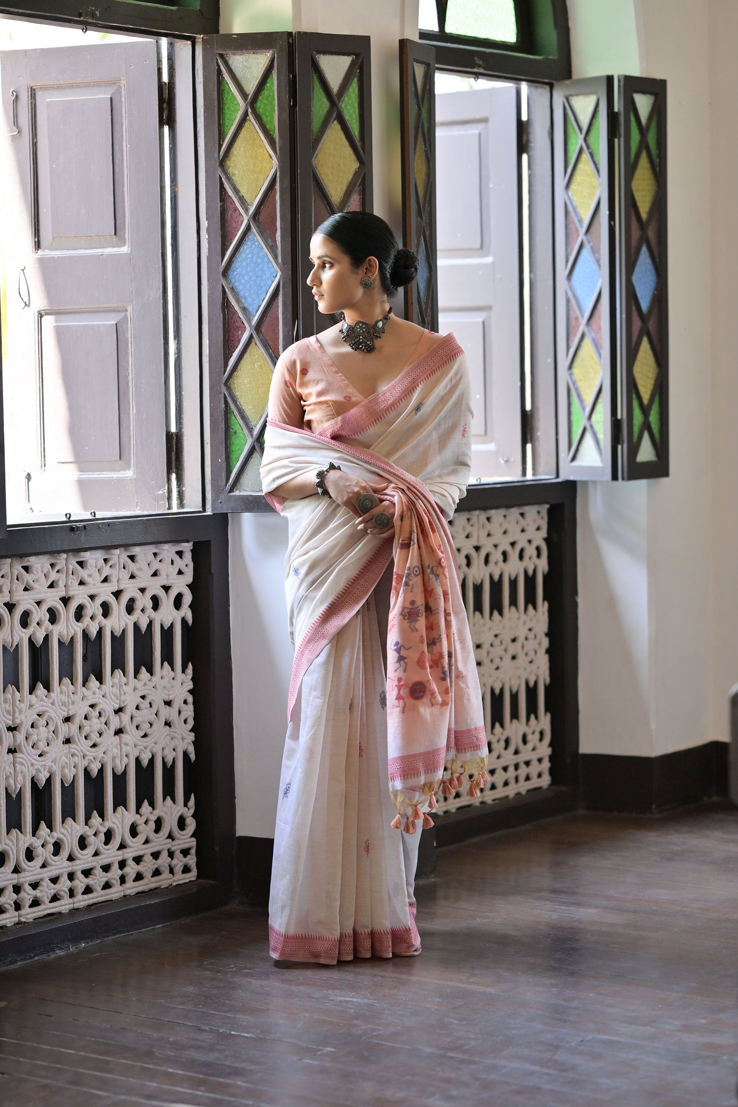 Maroon Muga Cotton Warli woven Saree