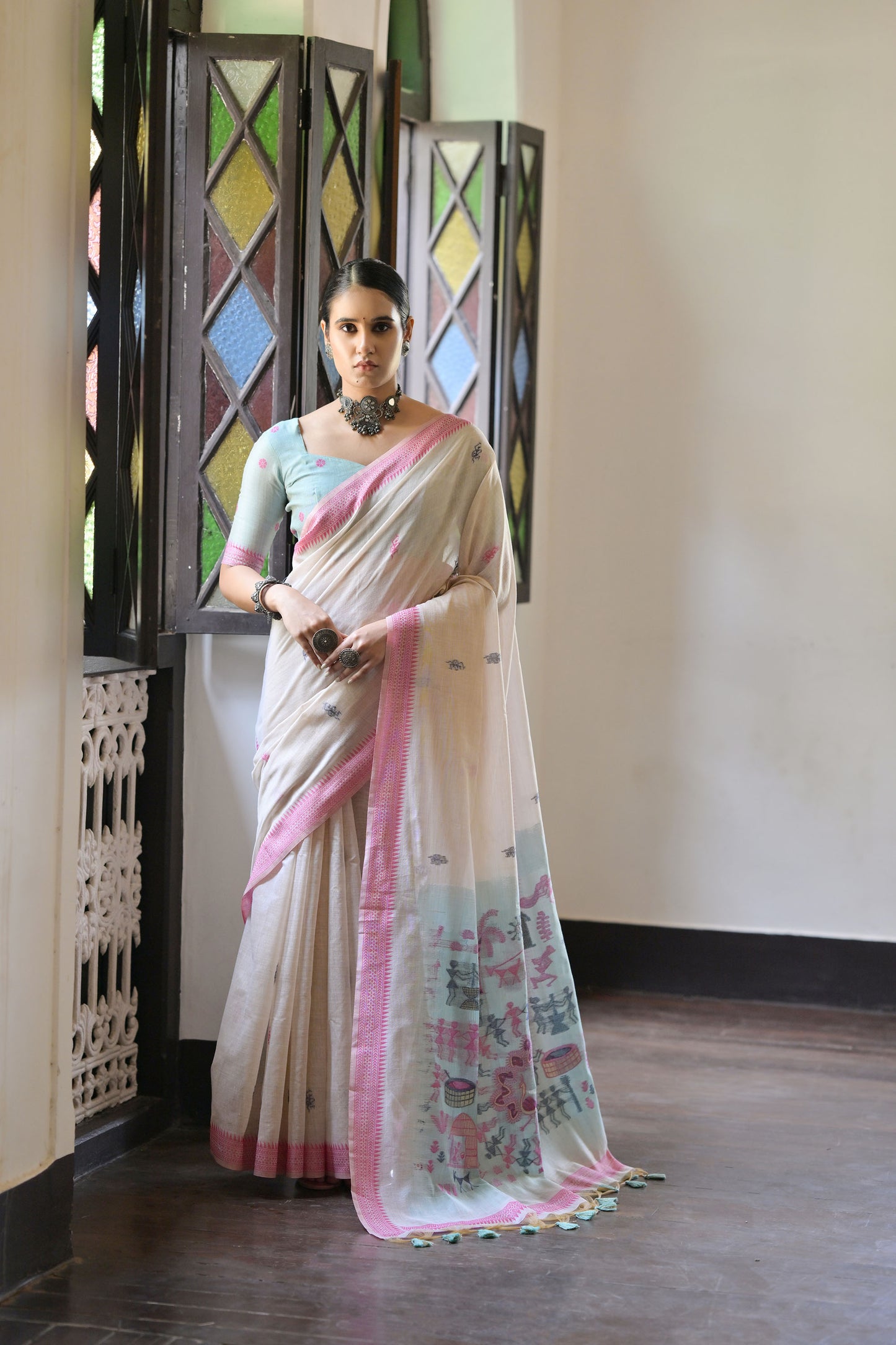 Pink Muga Cotton Warli woven Saree