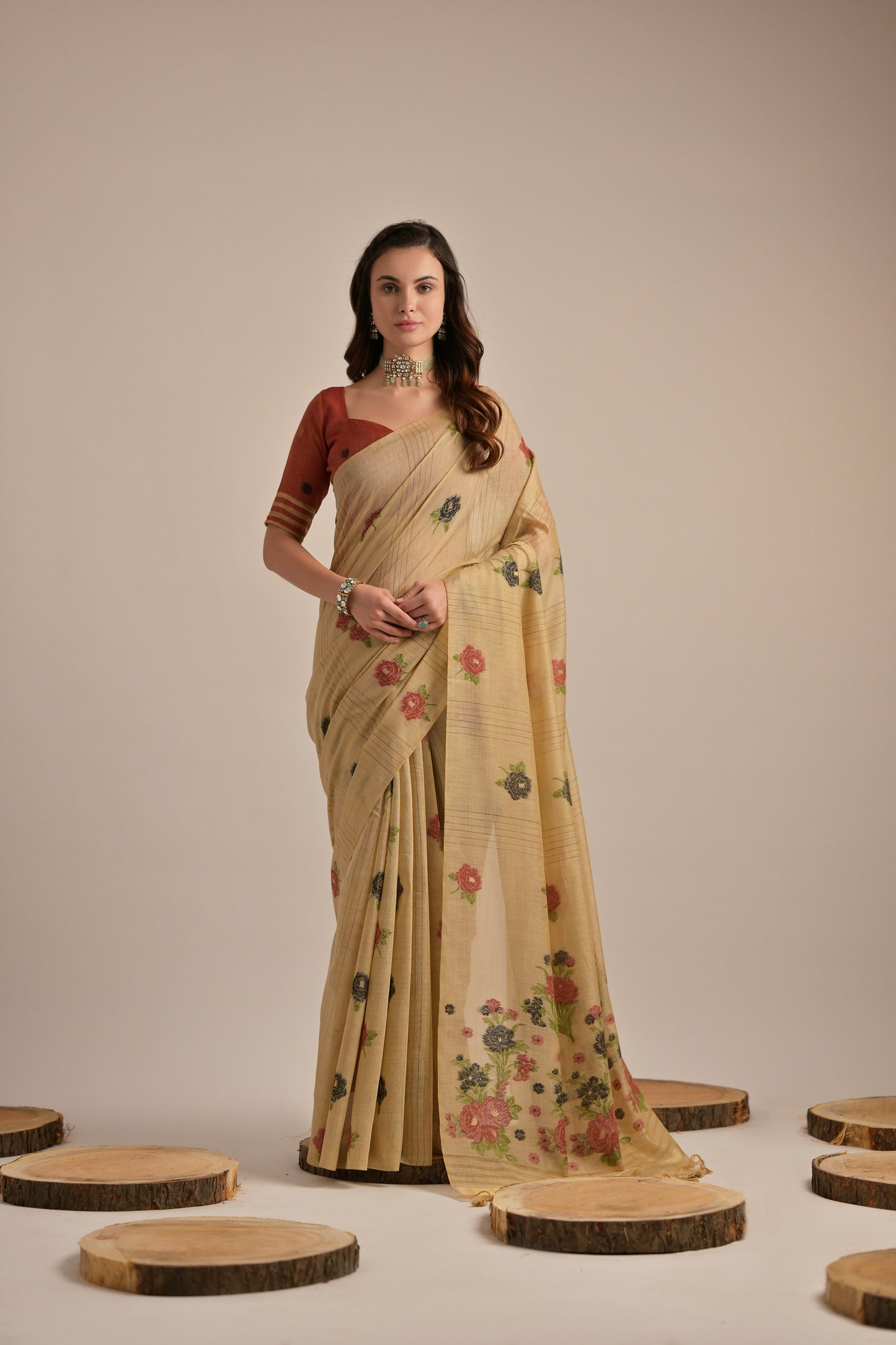 Chiku Muga Cotton Flower embroidered saree