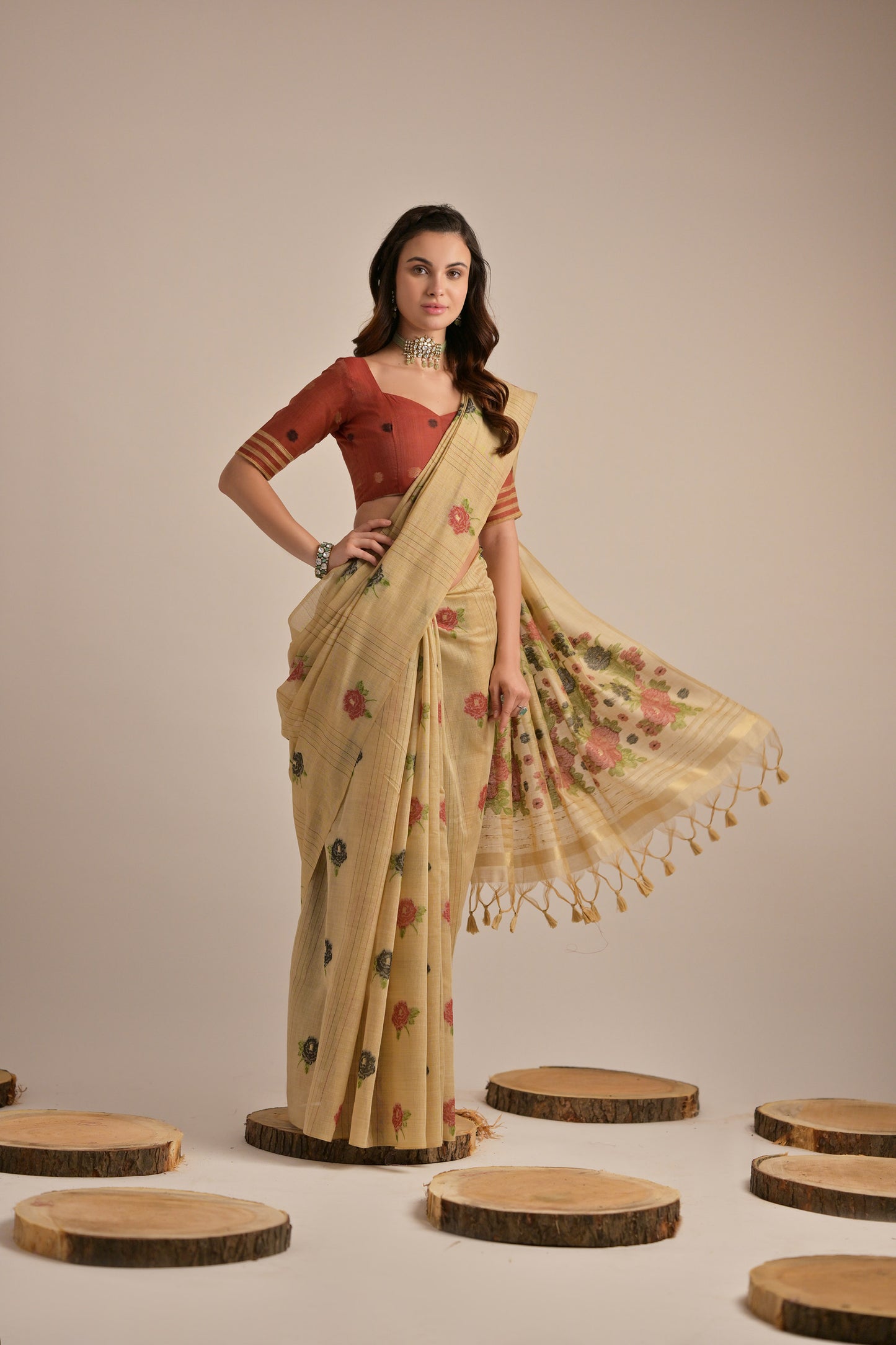 Chiku Muga Cotton Flower embroidered saree