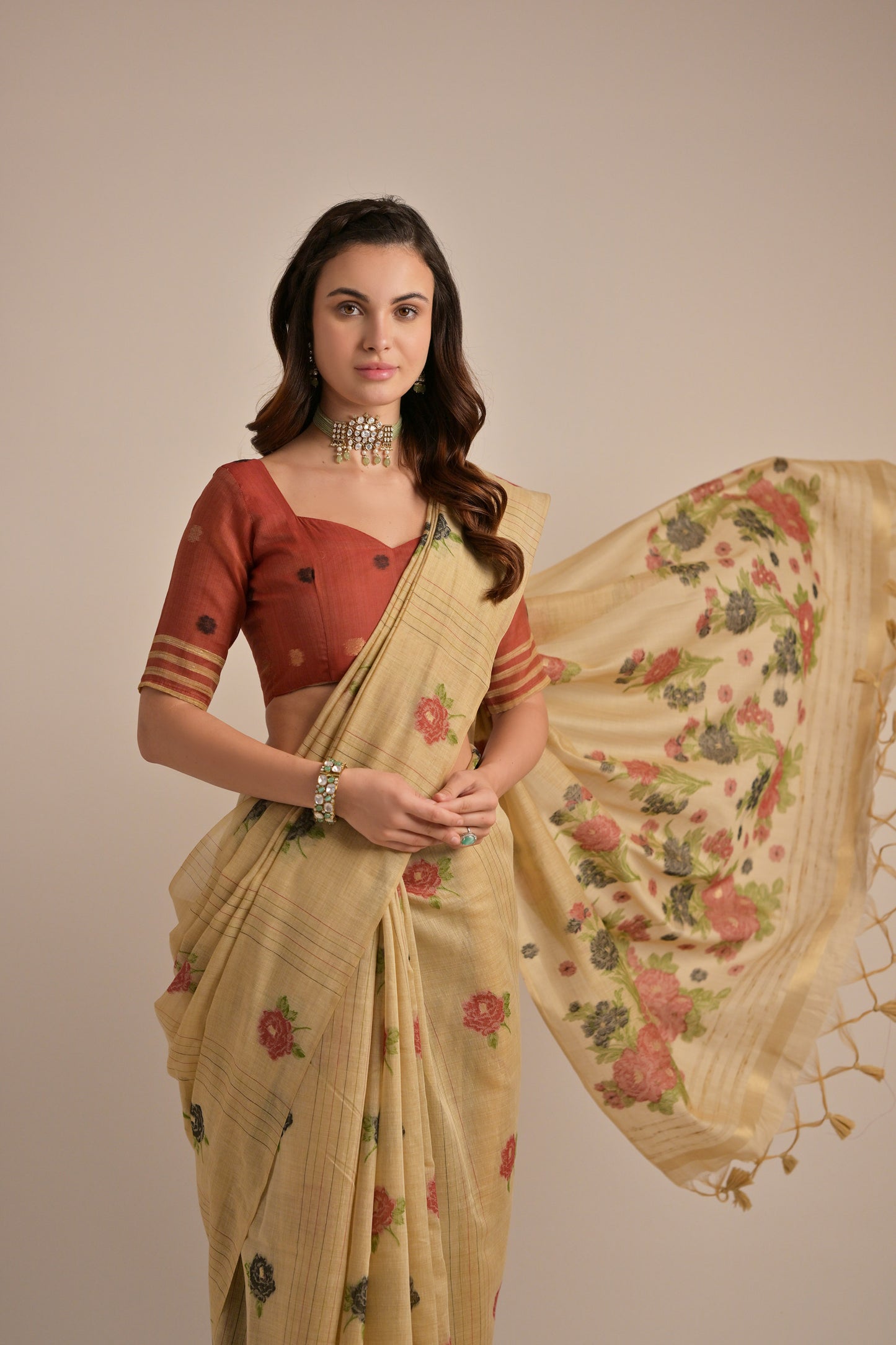 Chiku Muga Cotton Flower embroidered saree