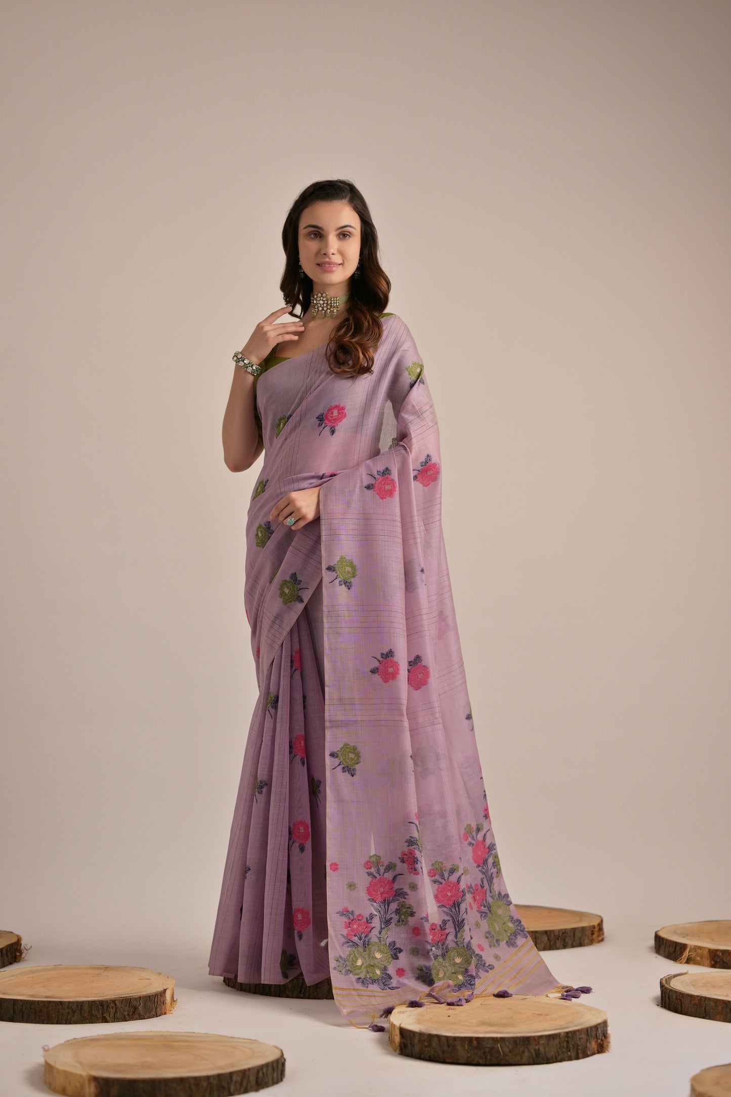 Lavender Muga Cotton Flower embroidered saree